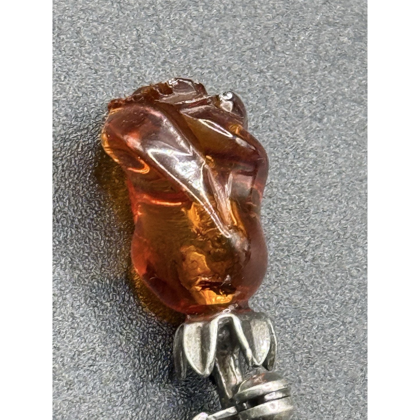 Vintage Sterling Silver Carved Amber Flower Brooch Pin P5