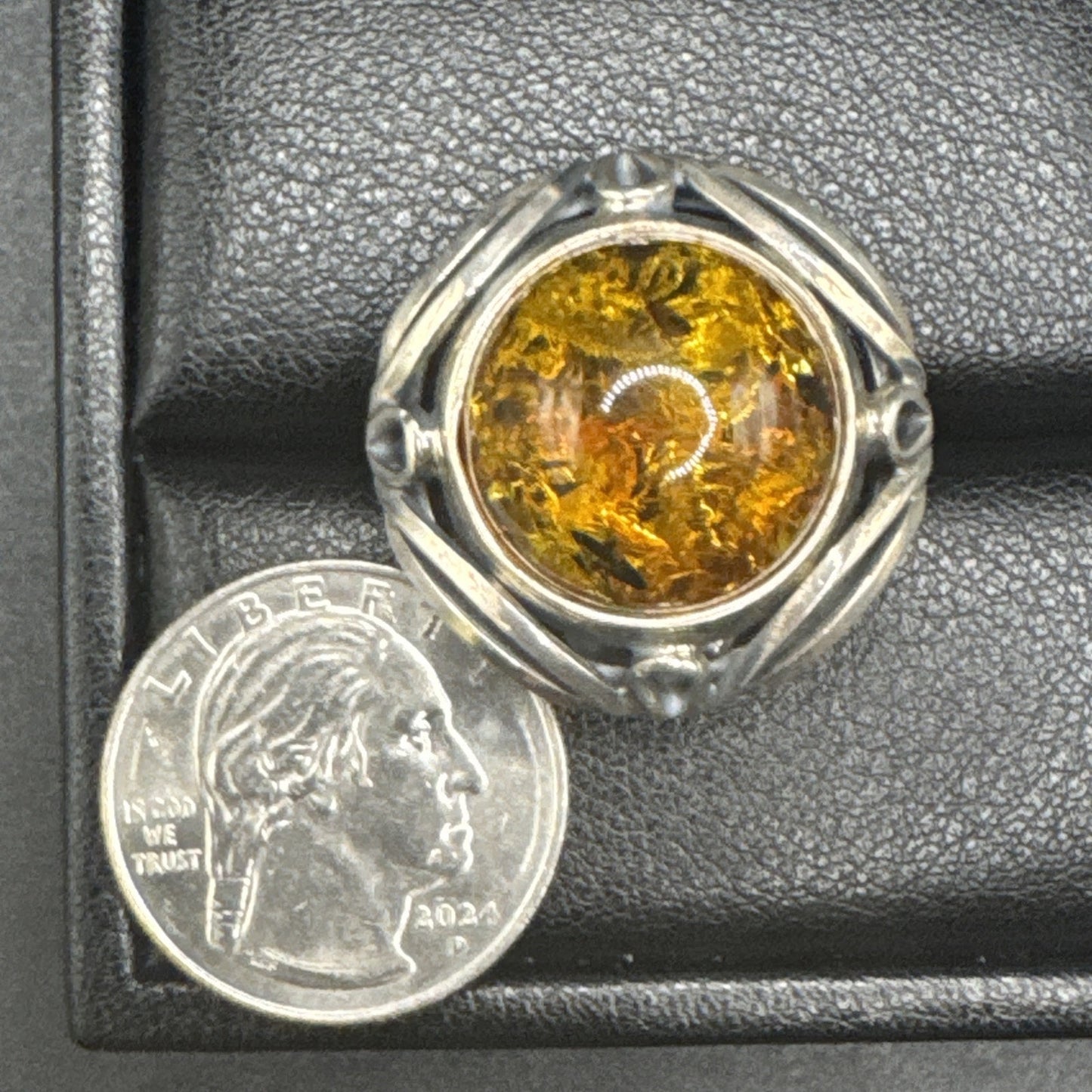 Modernist Sterling Silver Amber Statement Ring 925 Size 5.75 P2