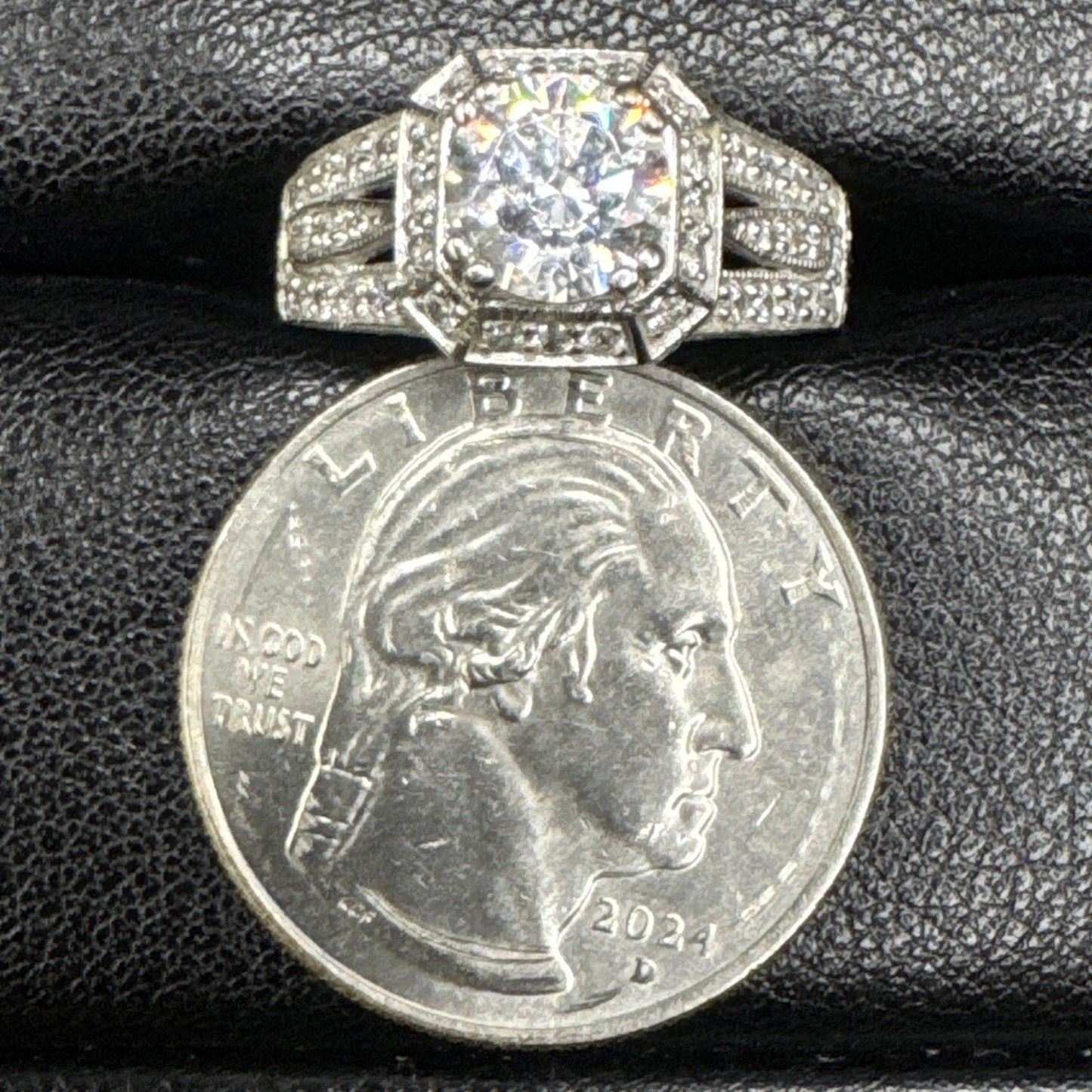 EUC Sterling Silver CZ Halo Engraved Engagement Ring 925 Size 6 #2 P2