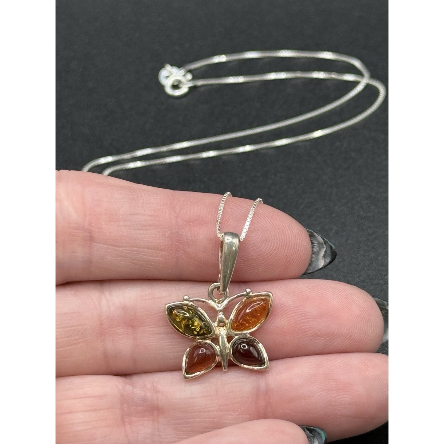 18” Sterling Silver Genuine Multi Color Amber Butterfly Pendant Necklace P3
