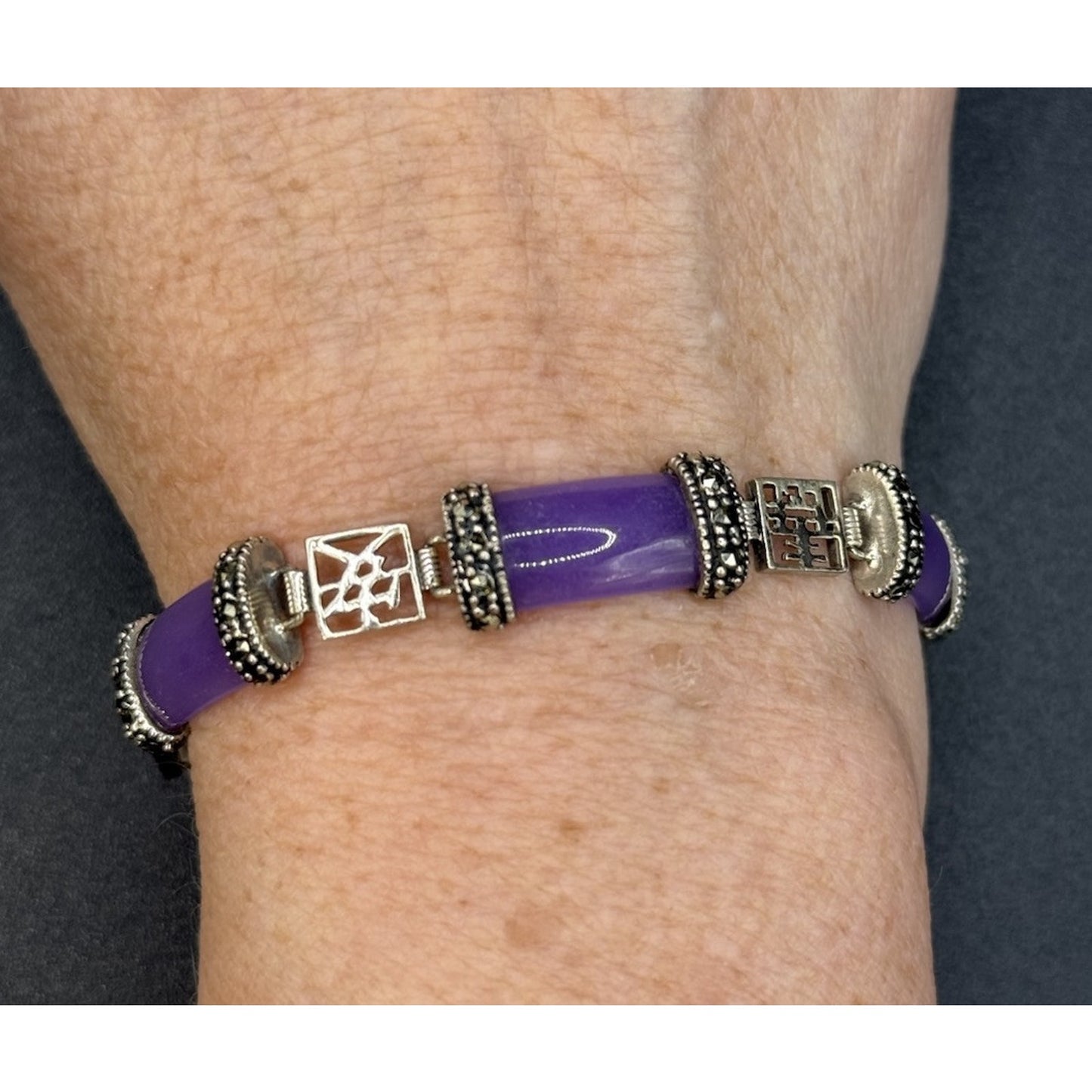 8” Vintage Sterling Silver Purple Chalcedony Bracelet Marcasite 924 P5