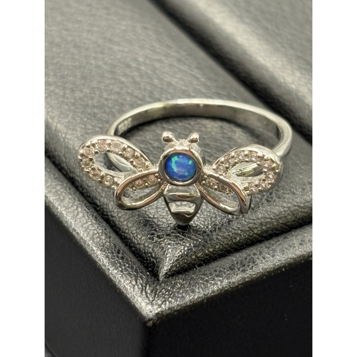 New Condition Sterling Silver Lab Blue Opal Cubic Zirconia Bee Ring Size 7