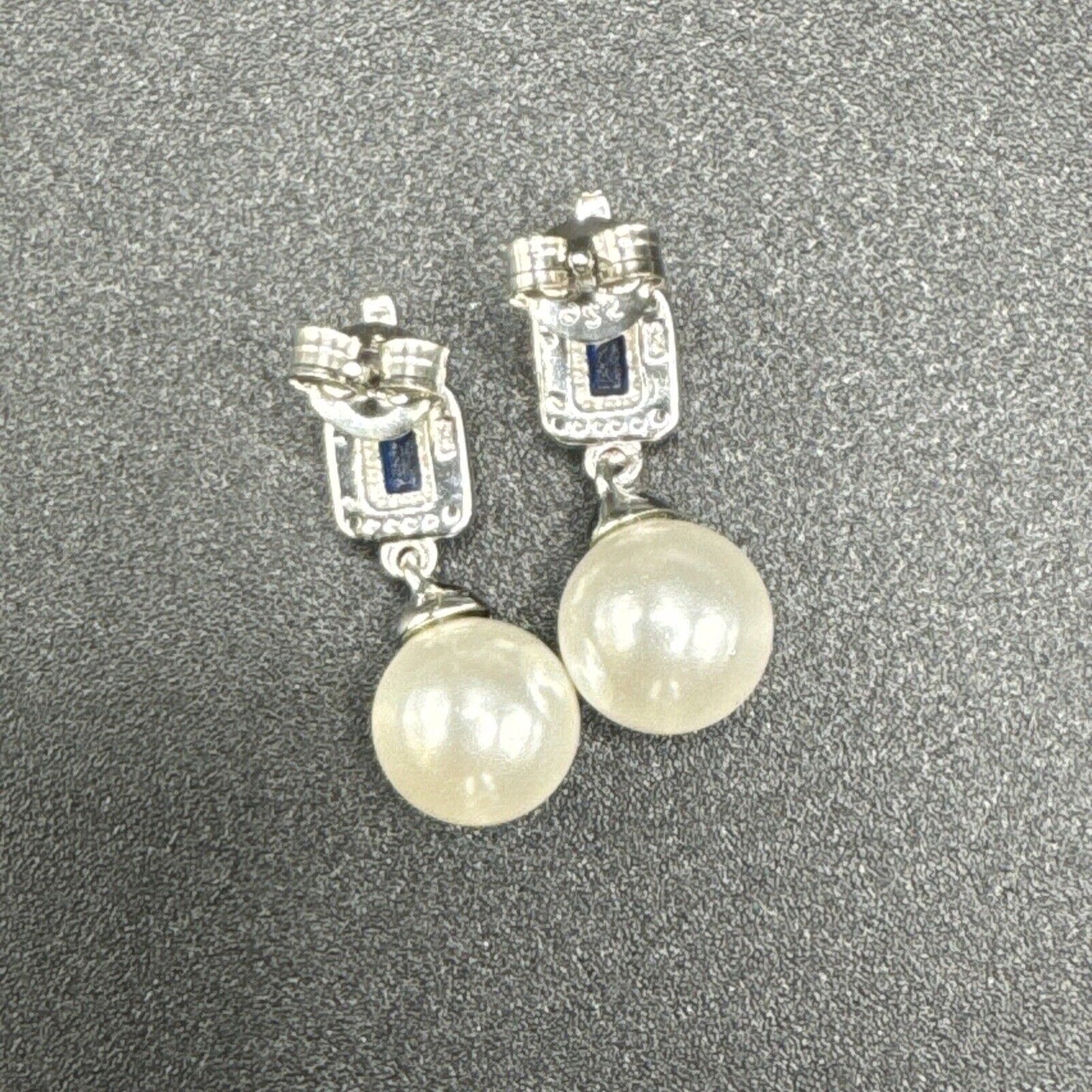 New Condition Sterling Silver Pearl Blue Square Cut CZ Earrings 925