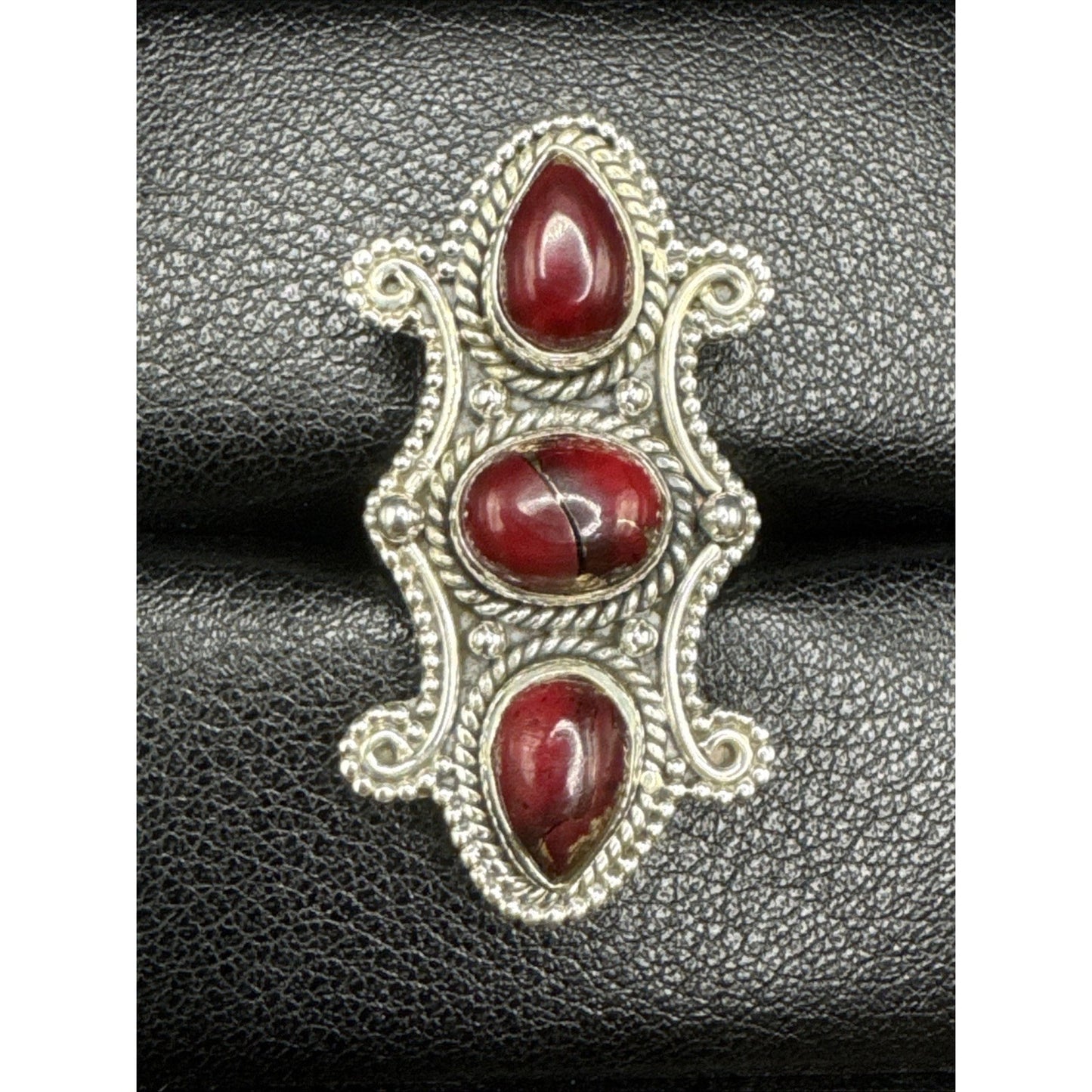 EUC Sterling Silver Red Dahlia Turquoise Long Ring 925 Size 7 T29