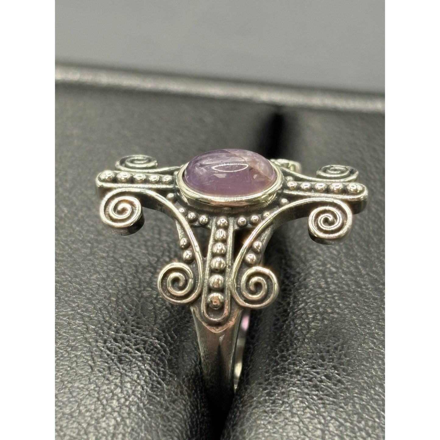 New Condition Sterling Silver Amethyst Scroll Ring Size 7