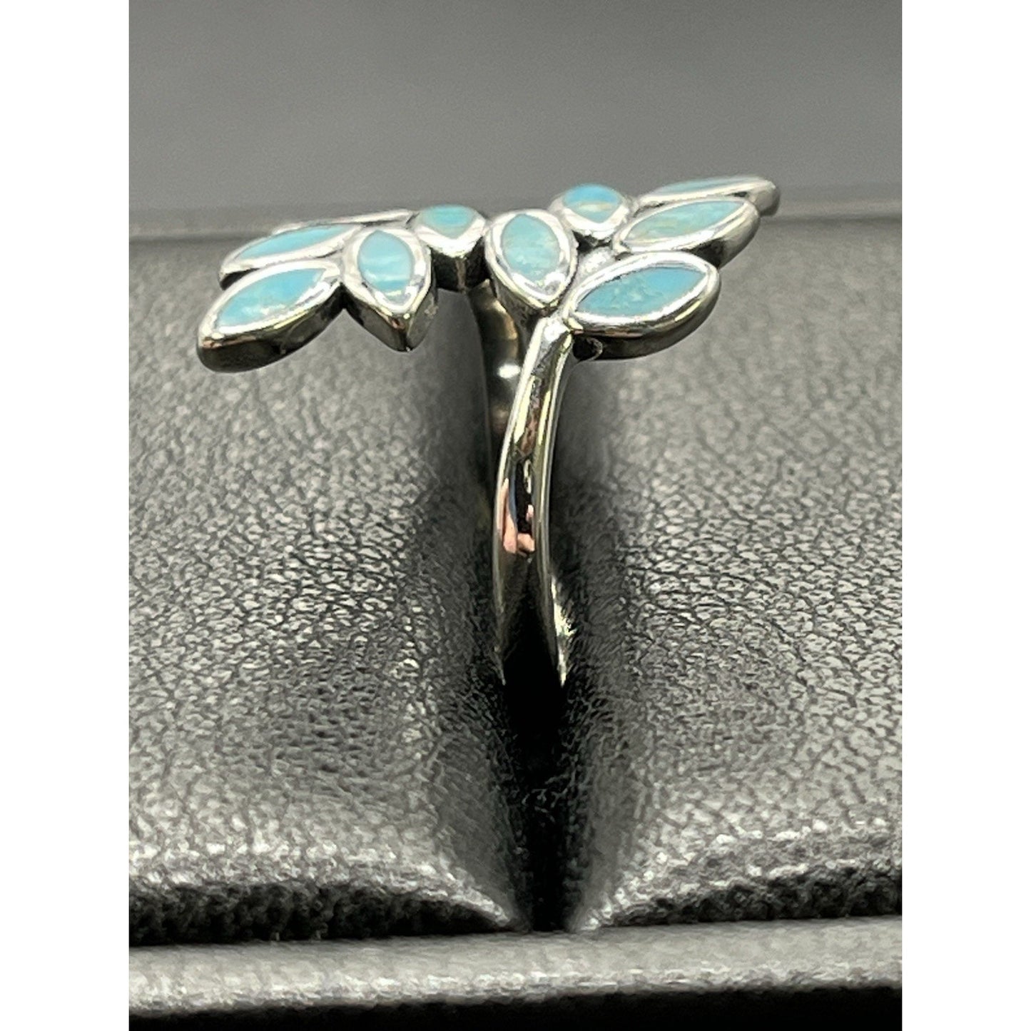 New Condition Turquoise Leaf Bypass Ring 925 Size 5.00