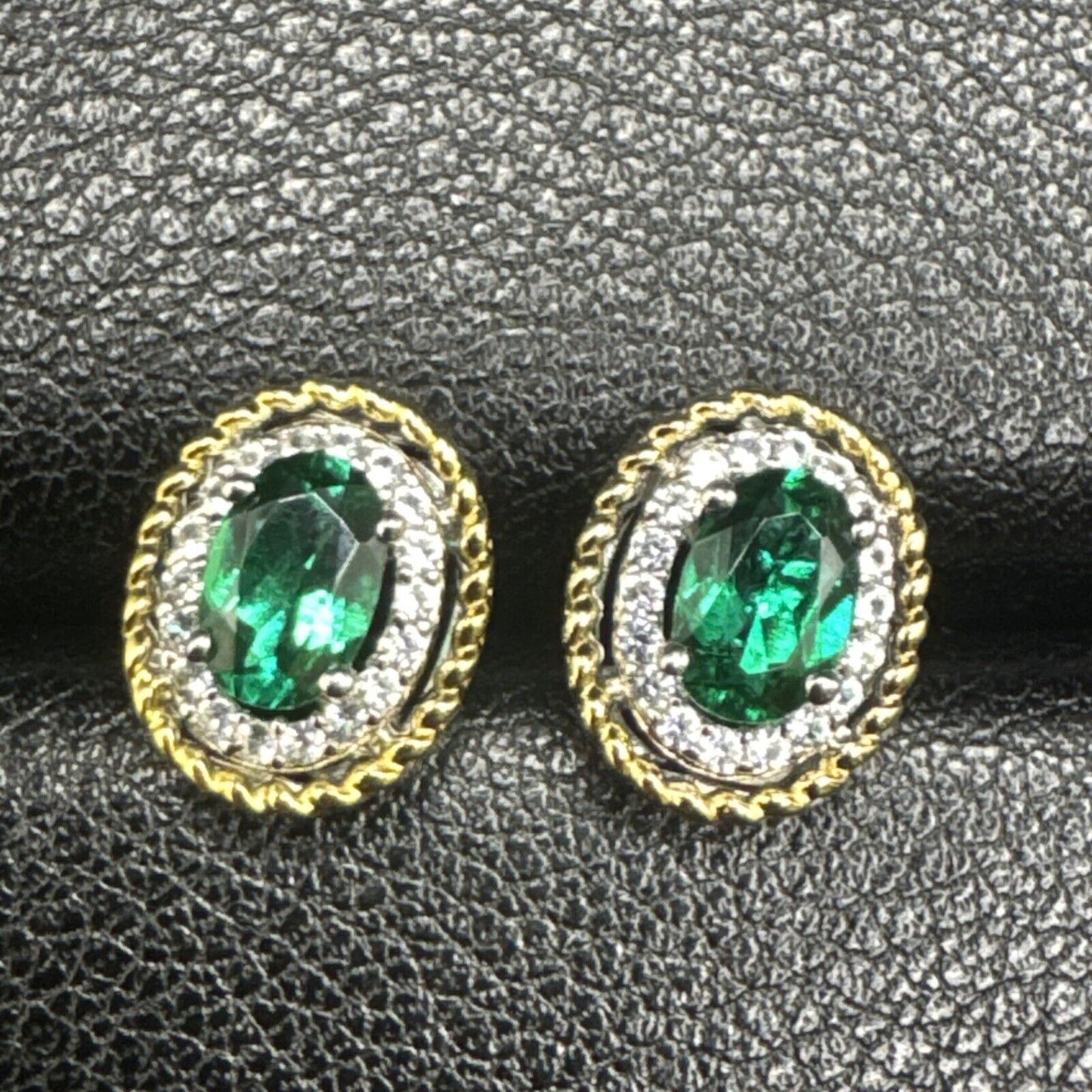 New Condition Sterling Silver 14k Gold Plated Lab Emerald Earrings 925