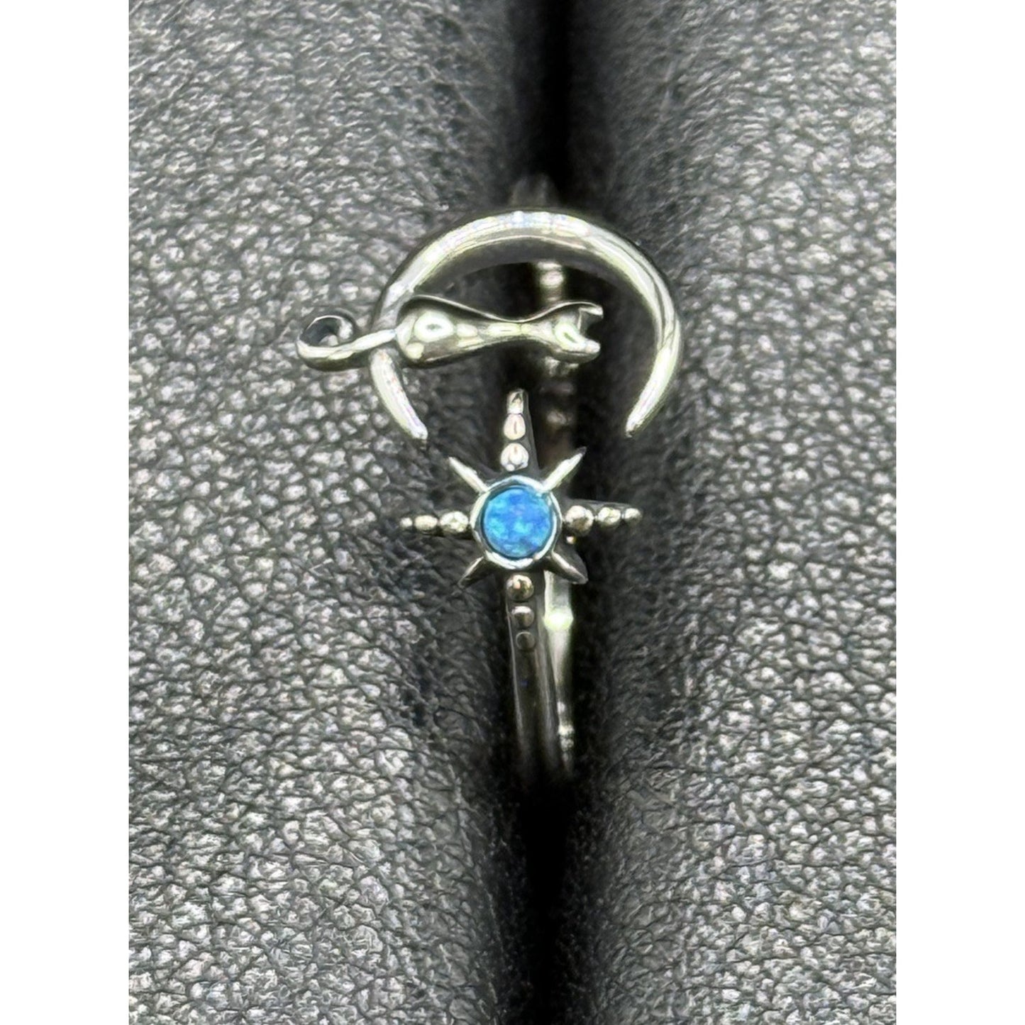 New Condition Sterling Silver Cat On Moon Star Lab Blue Opal Ring Size 7 Adjust