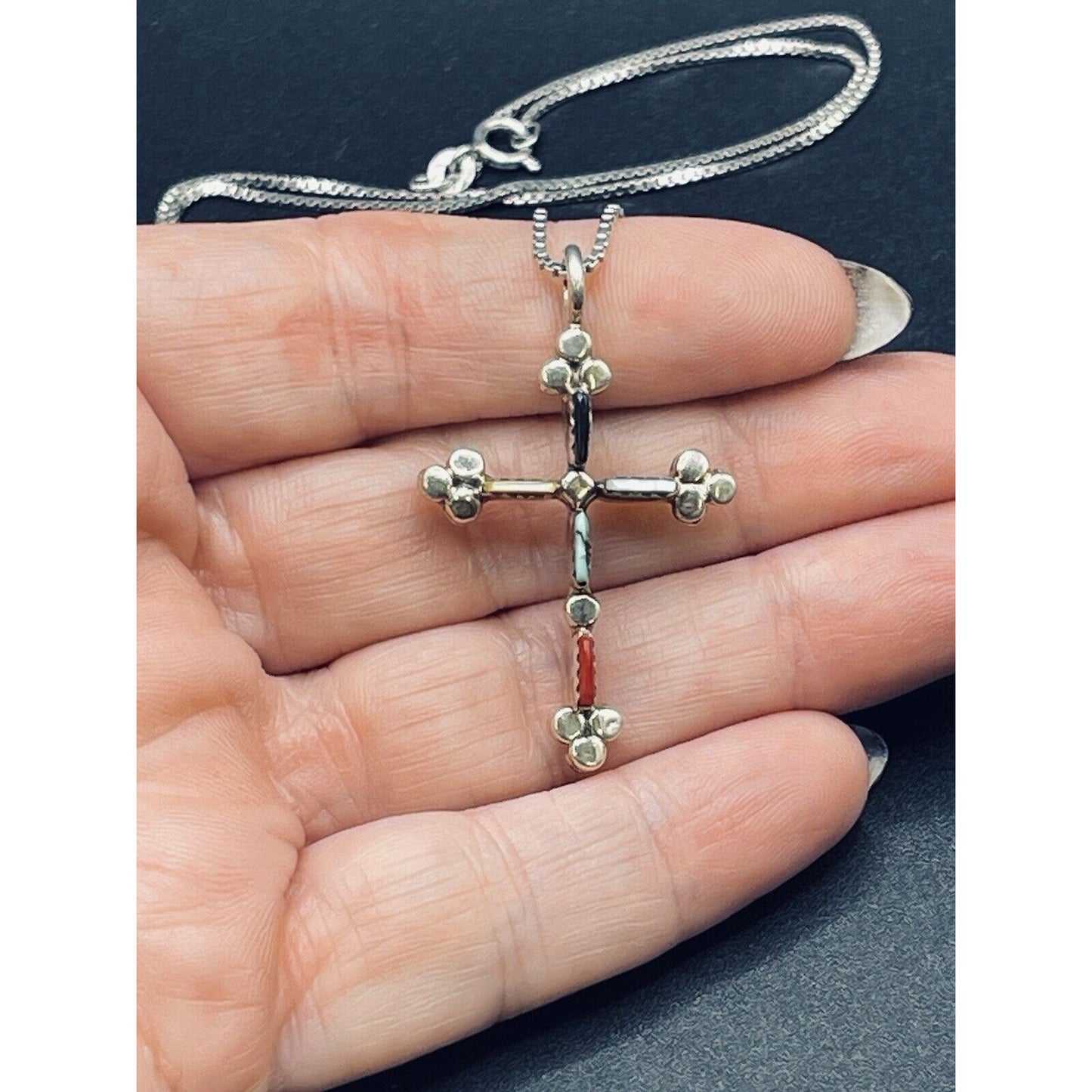 24” Vintage Multi sterling silver Gemstone Cross Pendant Necklace K12
