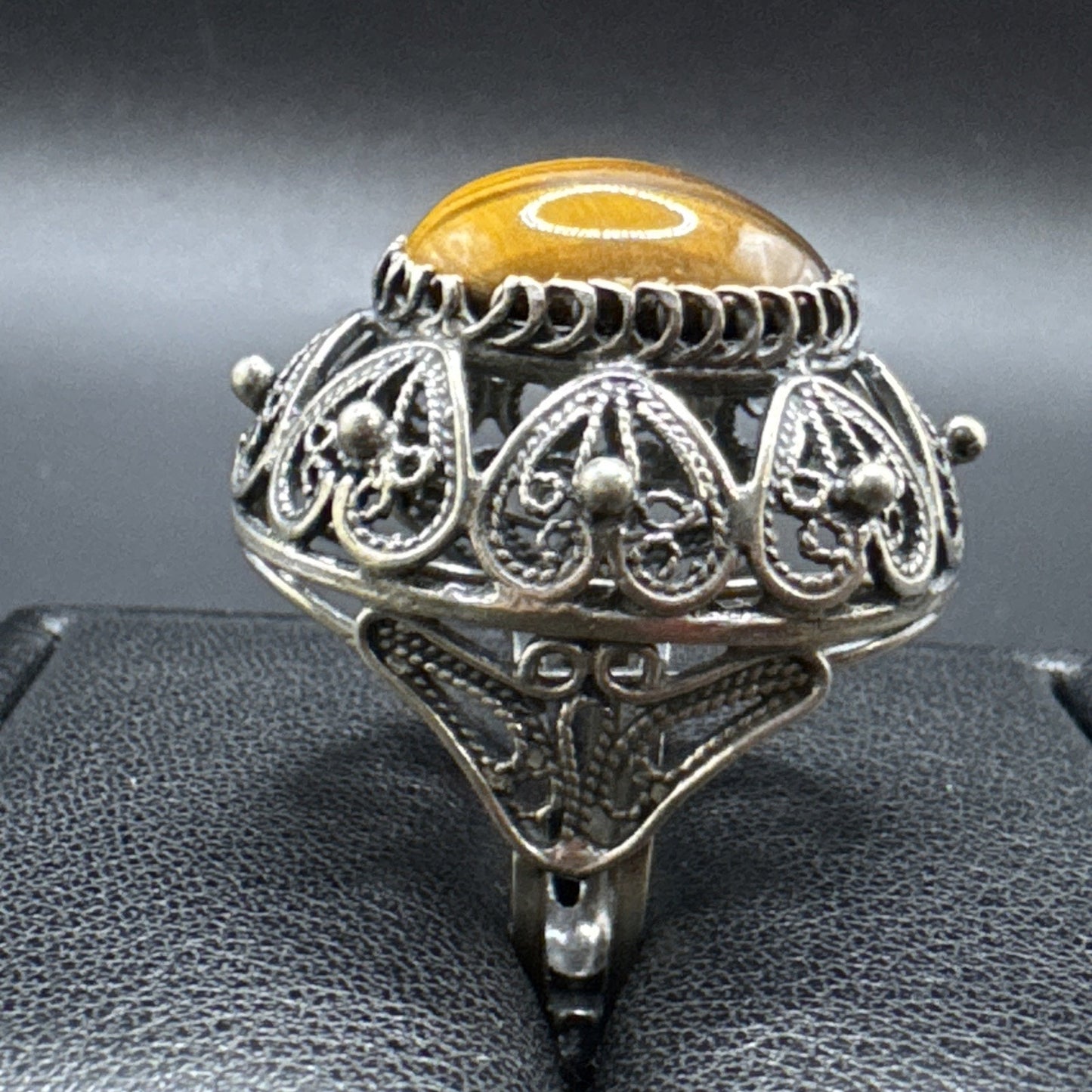 Sterling Silver Tigers Eye Openwork Filigree Dome Ring 925 Size Adjustable Q23