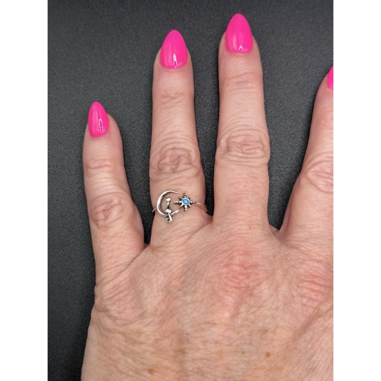 New Condition Sterling Silver Cat On Moon Star Lab Blue Opal Ring Size 7 Adjust