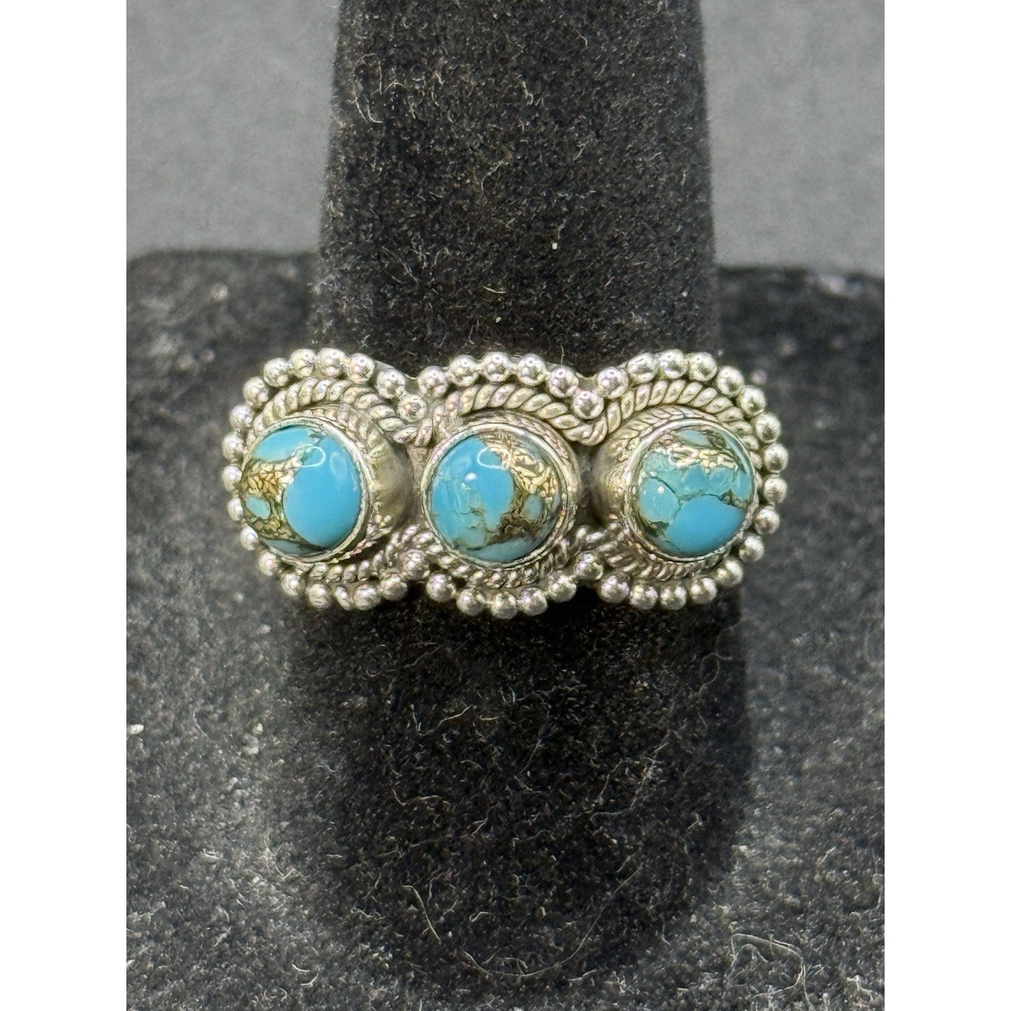 New Condition Sterling Silver Copper Turquoise 3 Stone Ring Size 7.00