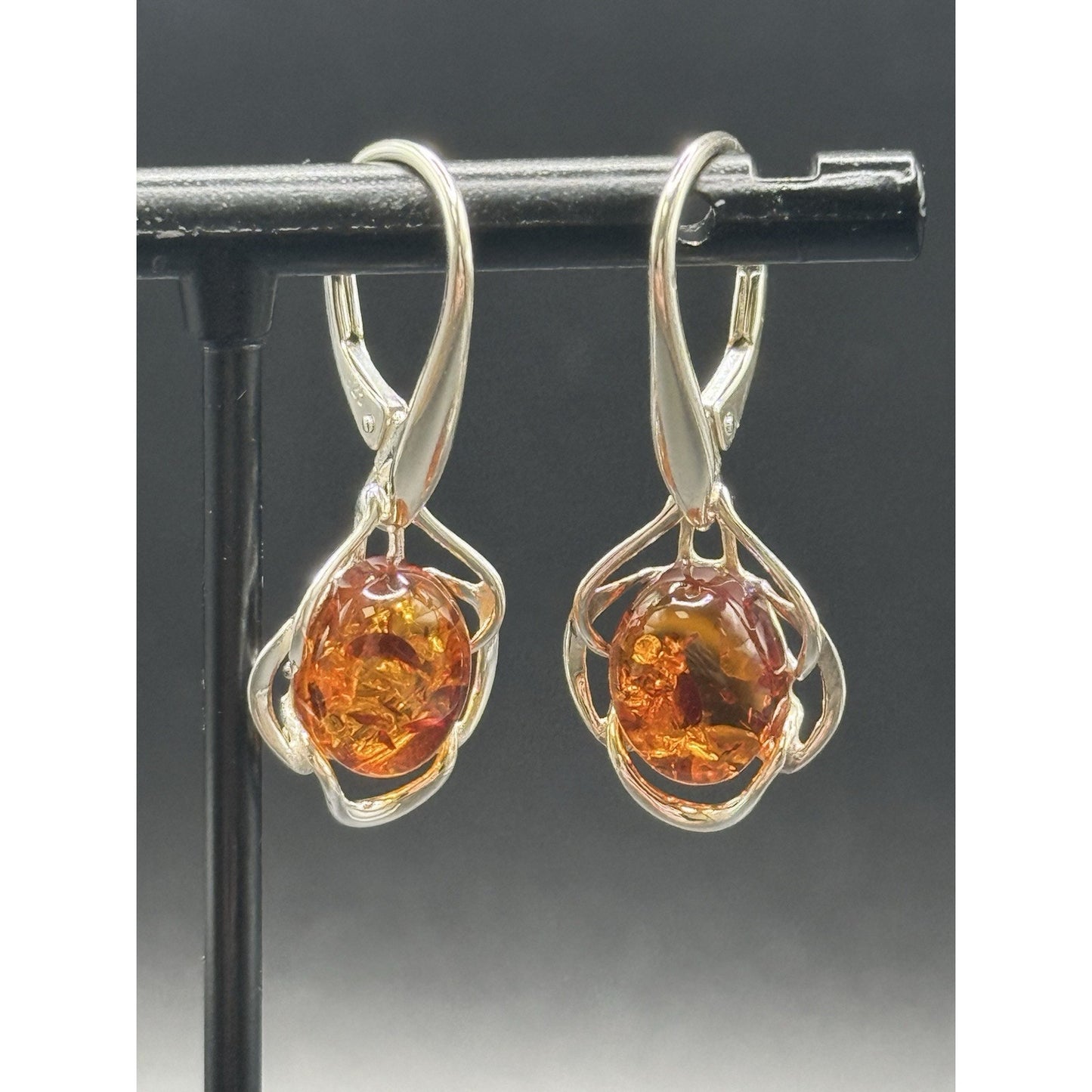 Excellent Used Condition Sterling Silver Amber Dangle Earrings 925 N17