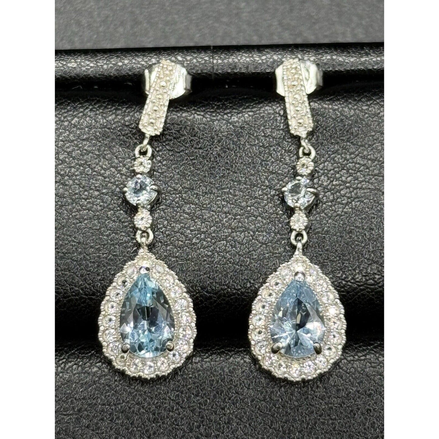New Condition Sterling Silver Genuine Blue Topaz White Sapphire Dangle Earrings