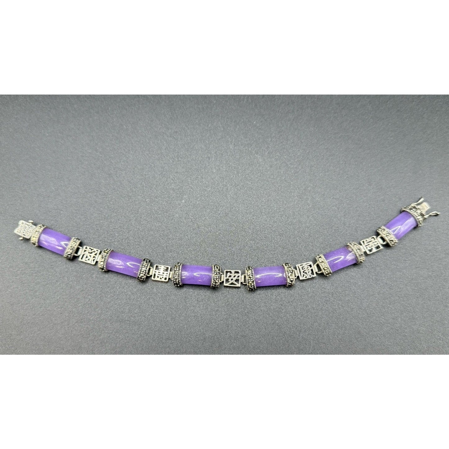 8” Vintage Sterling Silver Purple Chalcedony Bracelet Marcasite 924 P5