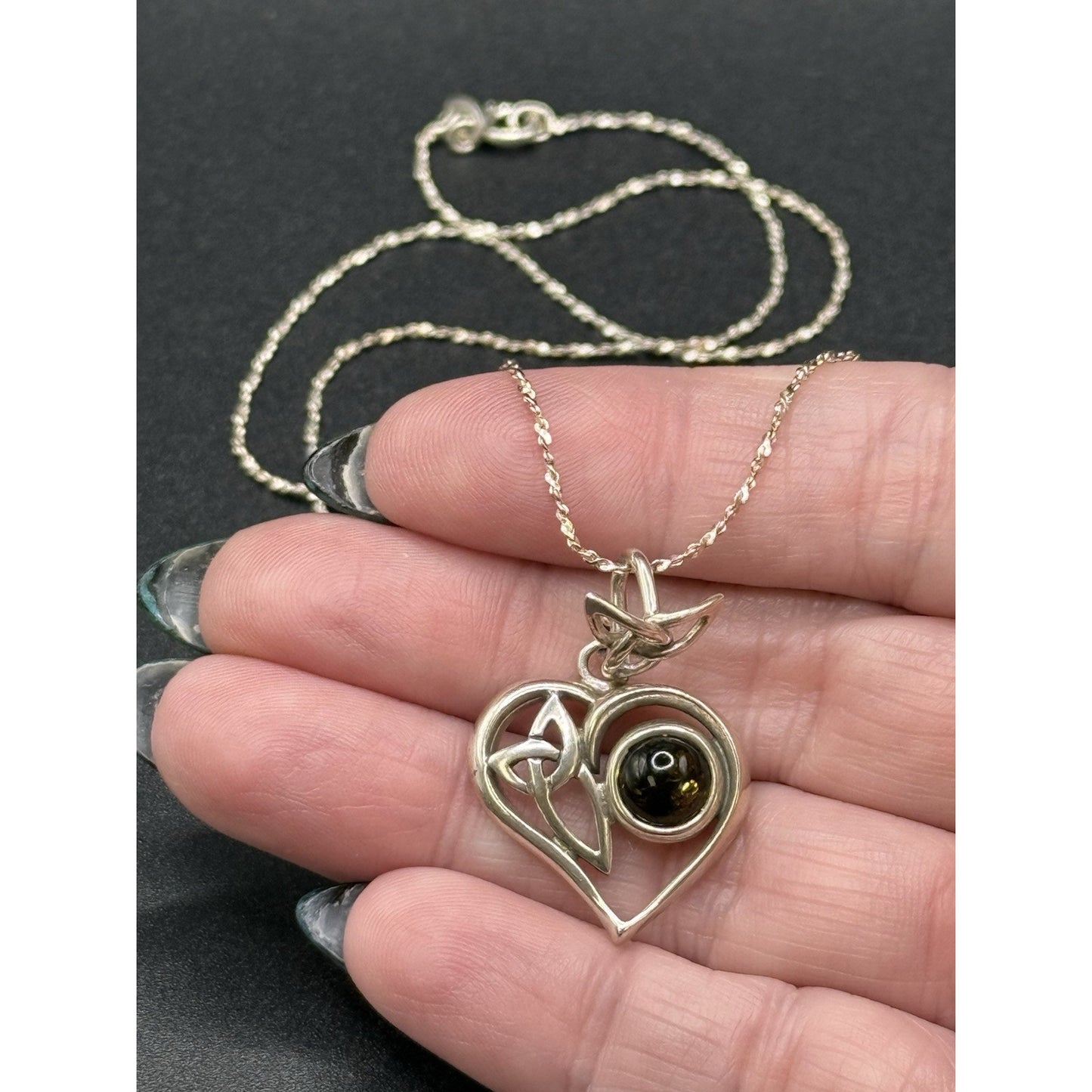 19” Vintage Sterling Silver Amber Pendant Necklace 925 P10