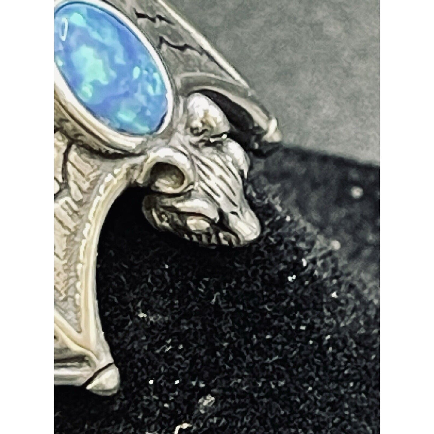 New Condition Sterling Silver Lab Blue Opal Bat Ring Size 7.00