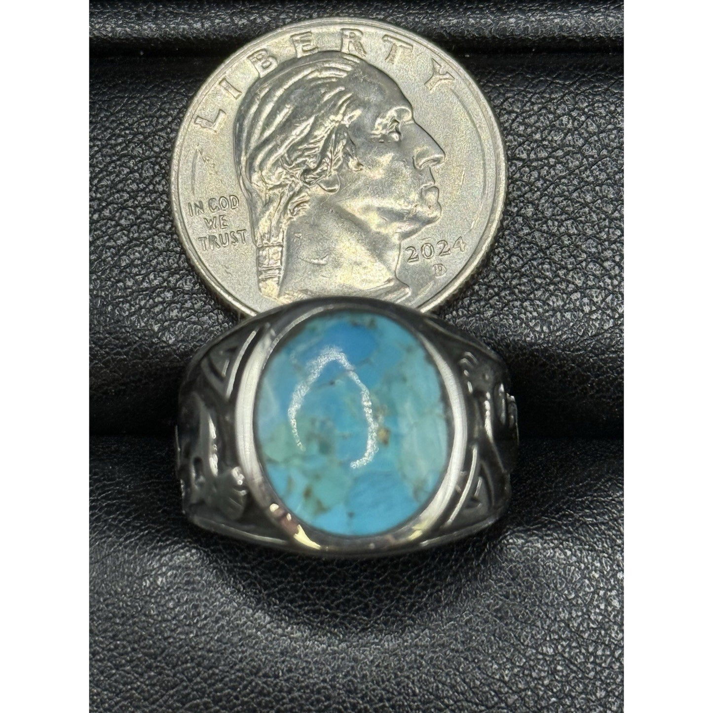 New Condition Sterling Silver Kokopelli Genuine Turquoise Gents Ring Size 10.00