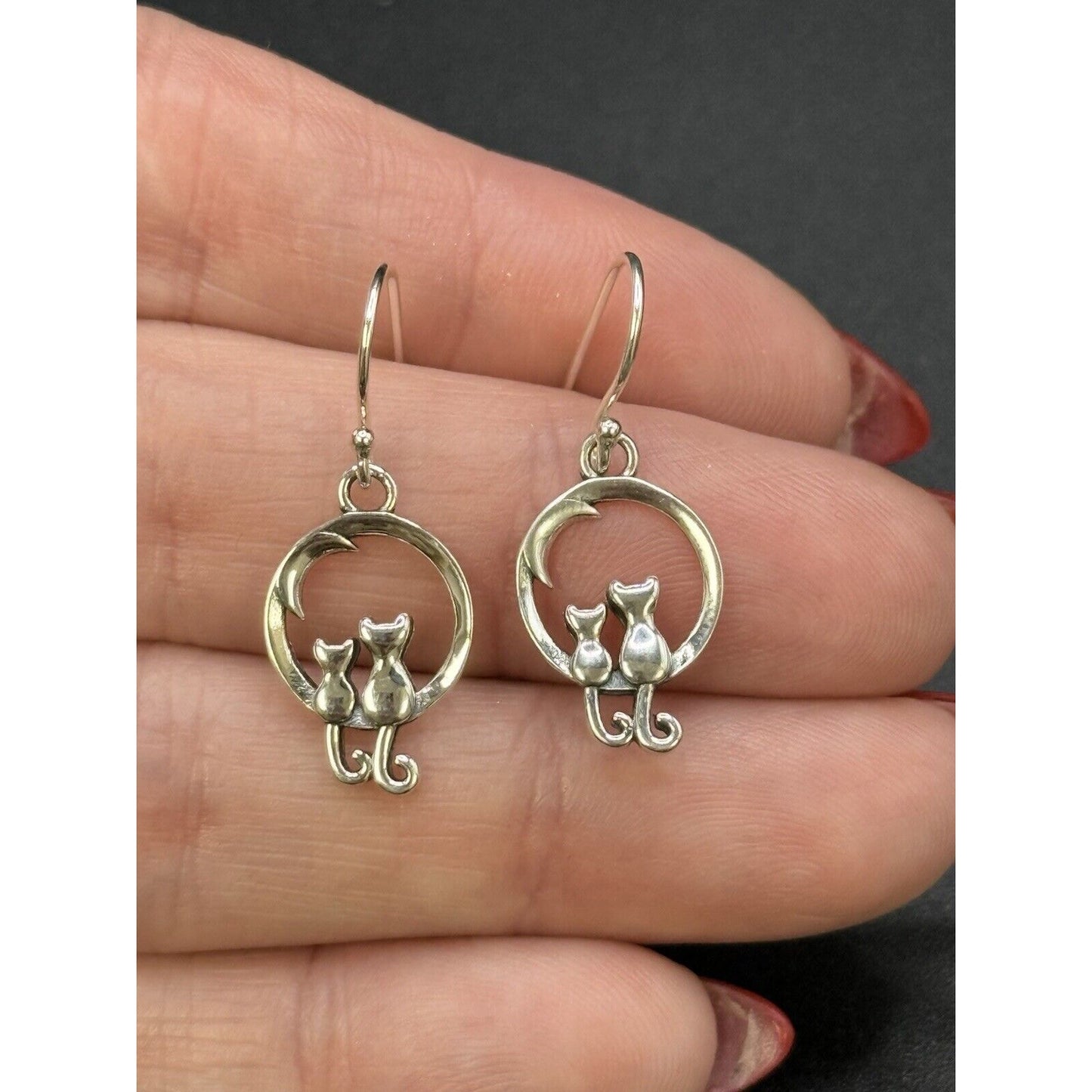 New Condition Sterling Silver Two Cats Dangle Earrings 925