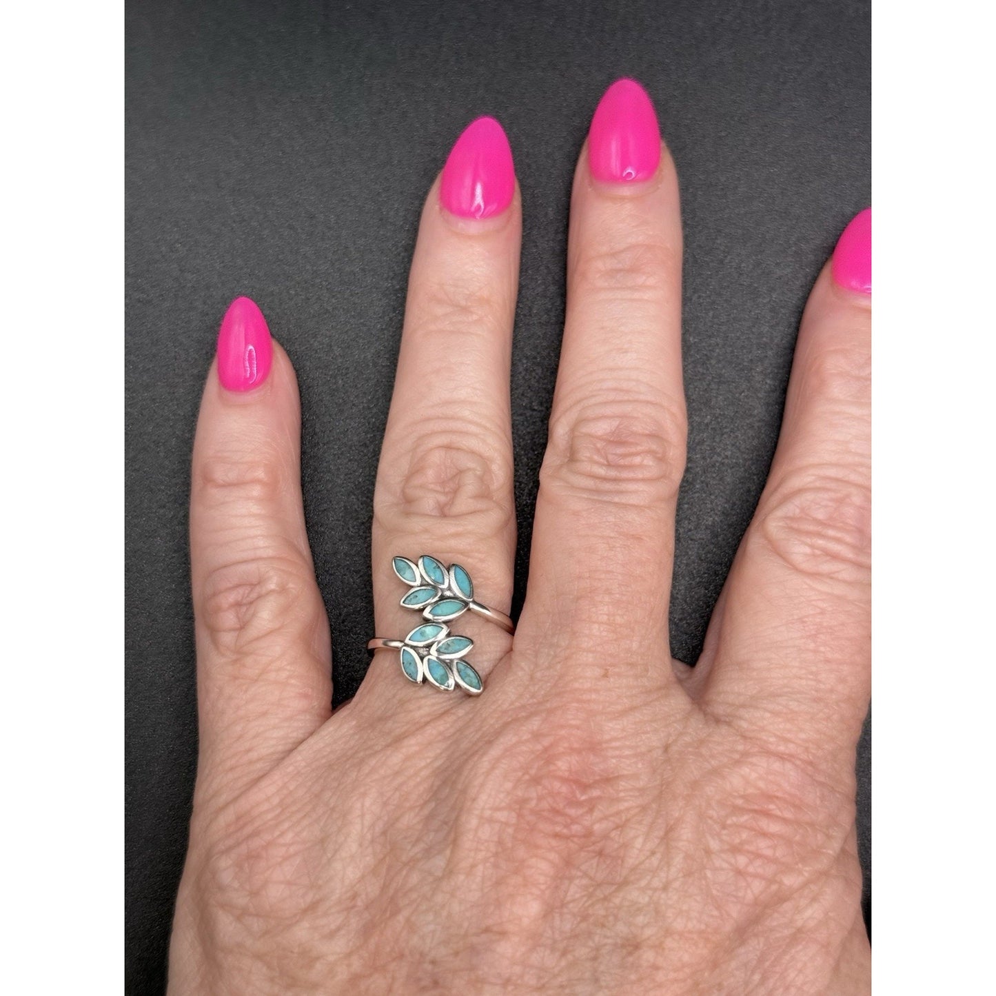 New Condition Sterling Silver Inlay Turquoise Bypass Ring Size 7.00
