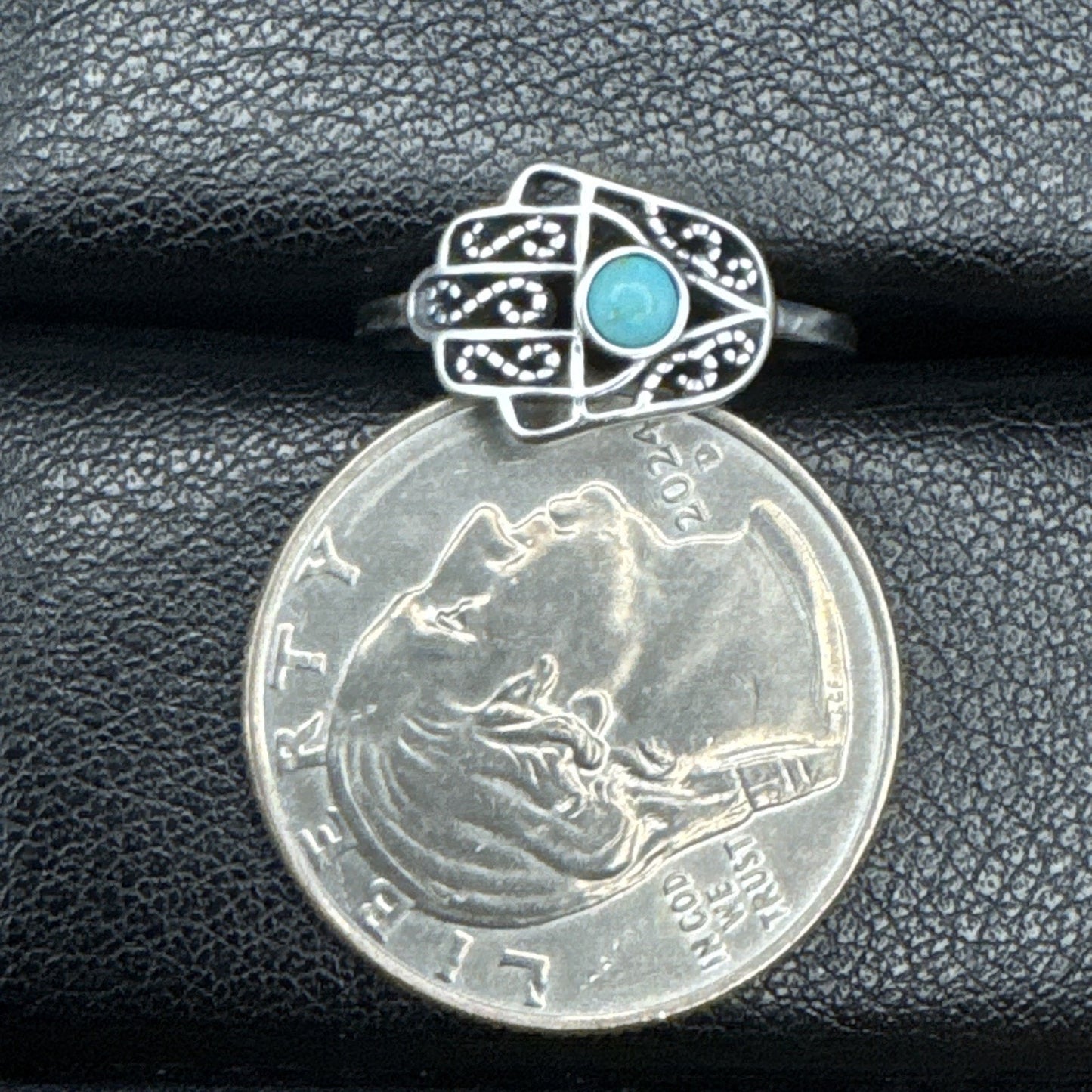 New Condition Sterling Silver Genuine Turquoise Hamsa Ring Size 7