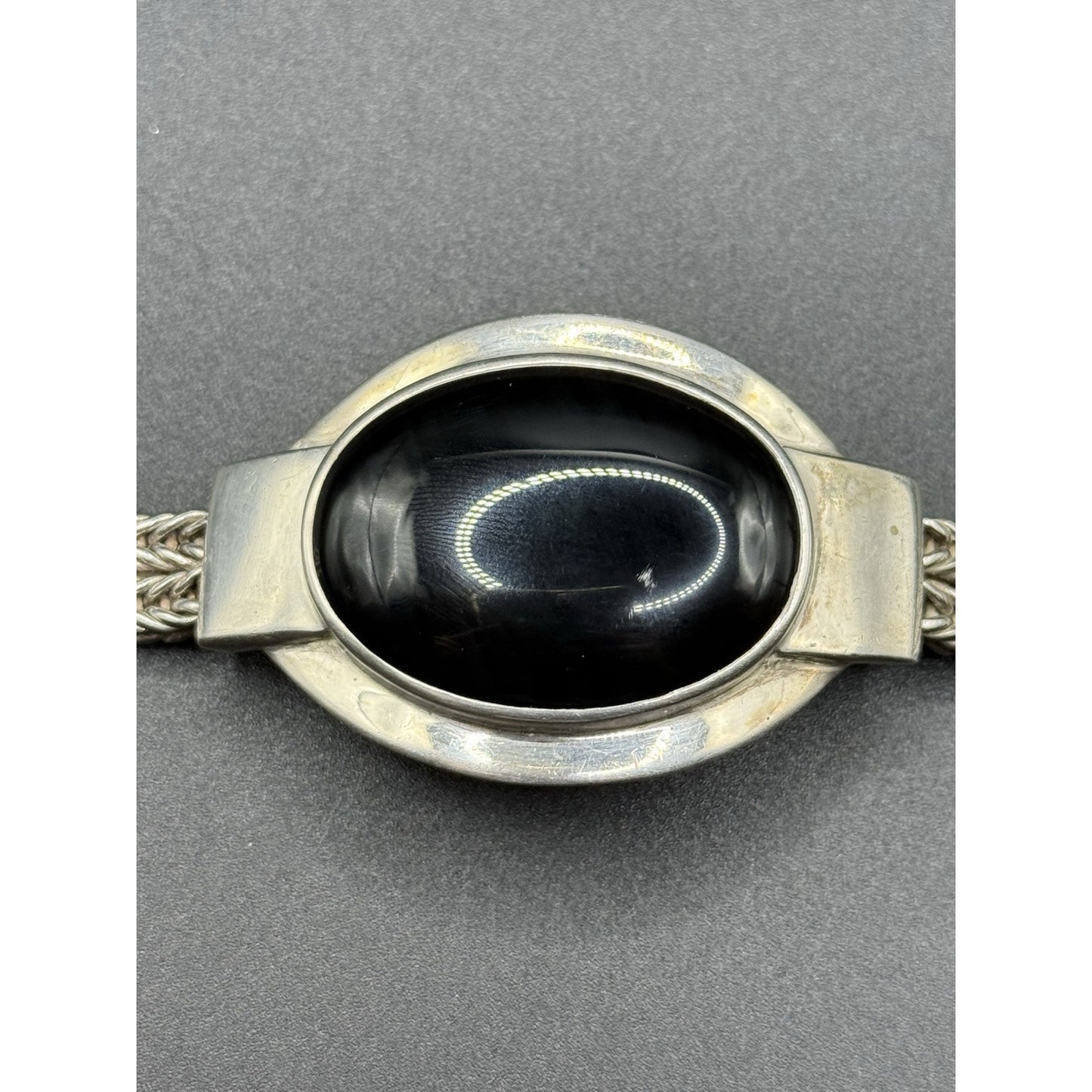 Gents Sterling Silver Onyx Bracelet 92 Grams Abraded Stone N19