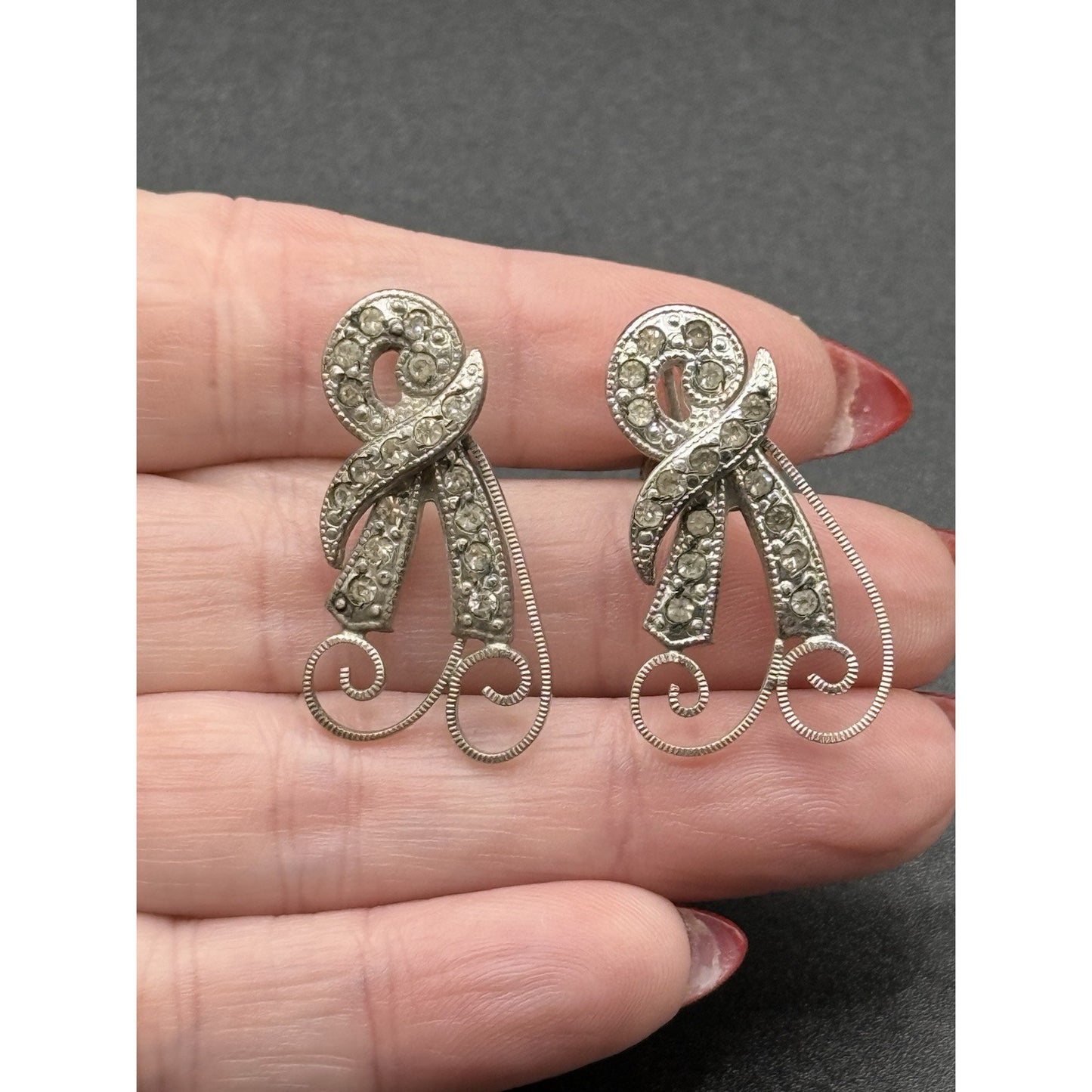 Antique Sterling Silver Rhinestone Dangle Earrings Screw Backs N13