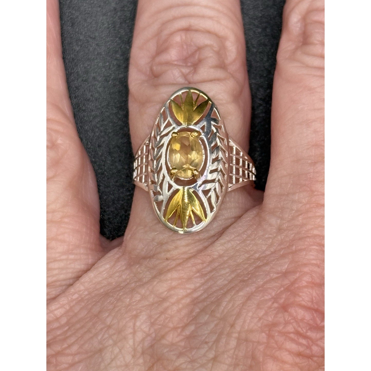 New Condition Sterling Silver Two Tone Genuine Citrine Ring Size 8.00
