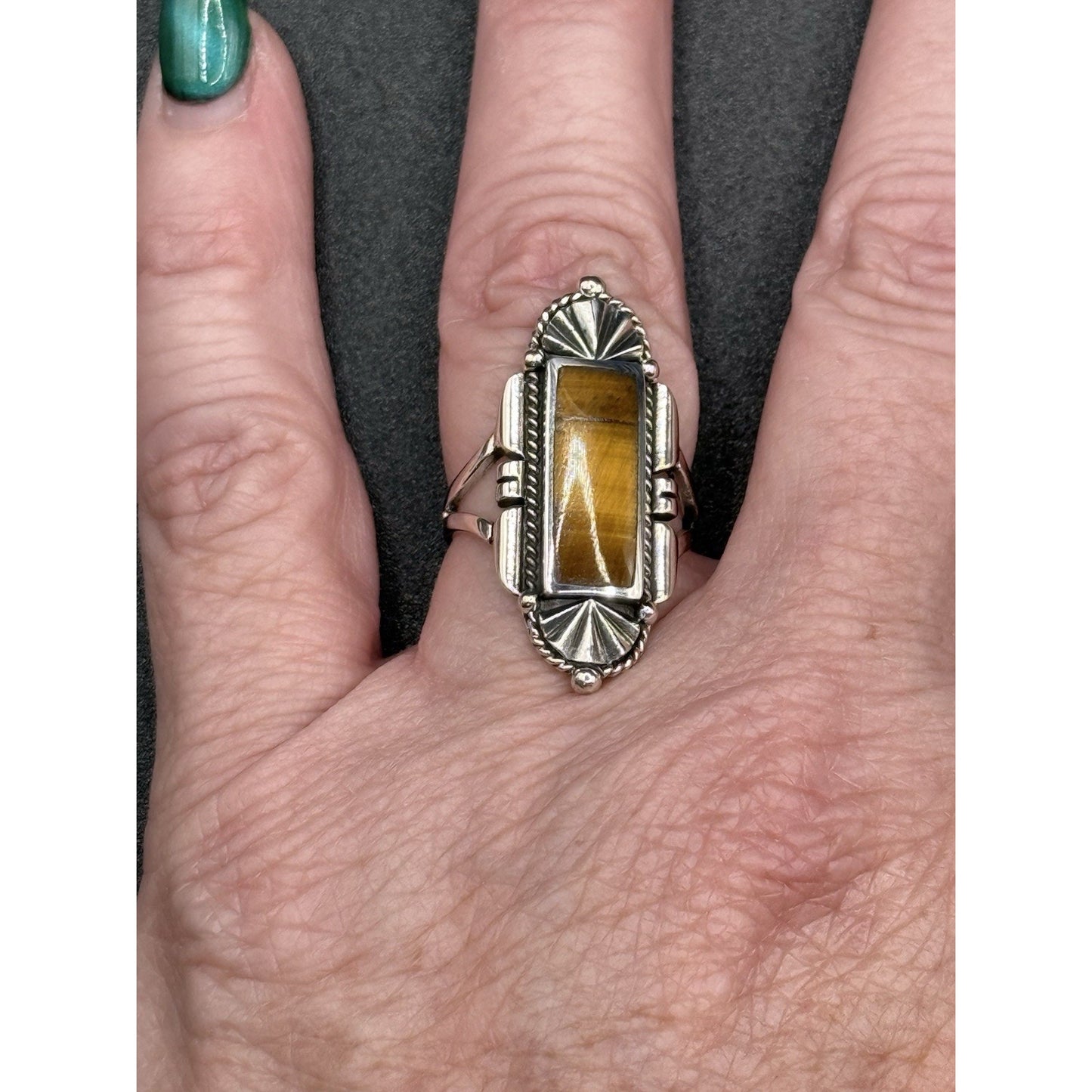 New Condition Sterling Silver Art Deco Tigers Eye Ring Size 6.75