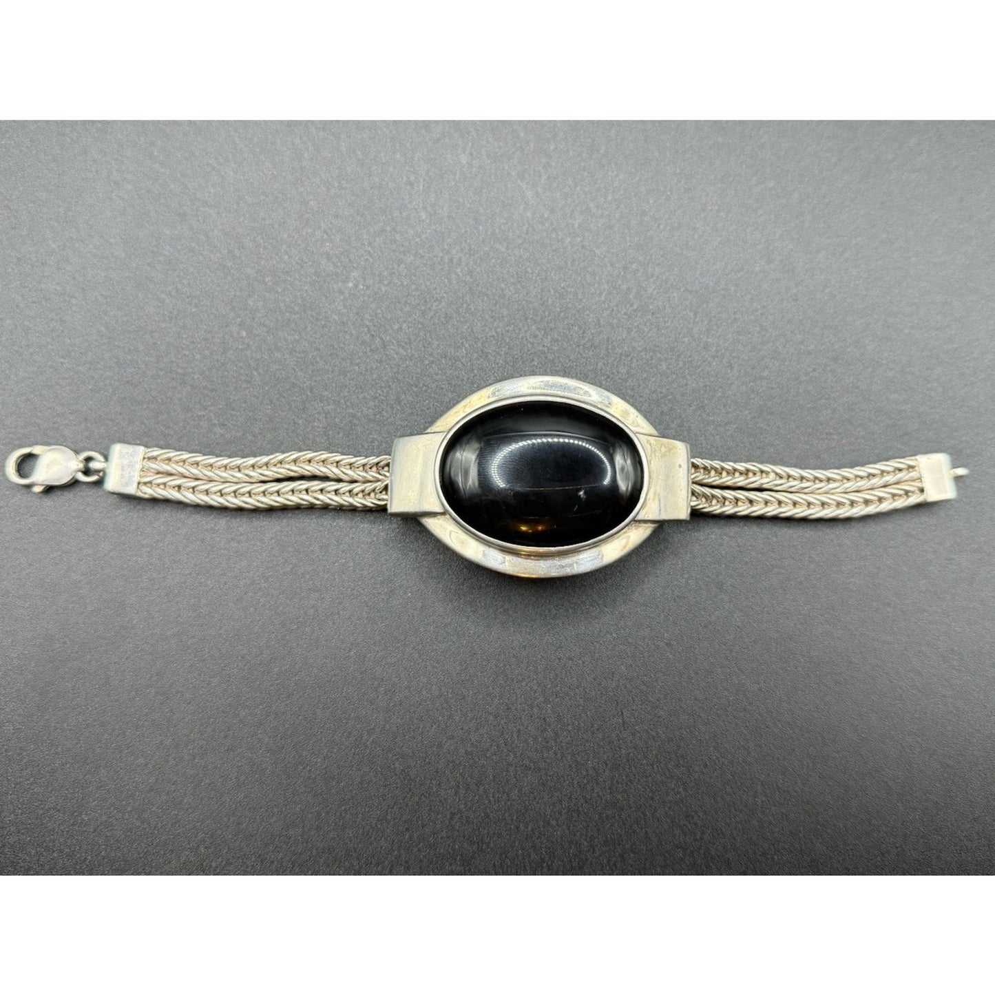 Gents Sterling Silver Onyx Bracelet 92 Grams Abraded Stone N19