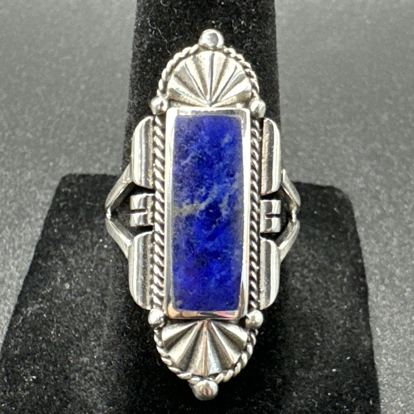 New Condition Sterling Silver 7RI24 Lapis Art Deco Oblong Ring 925 Size 6.50