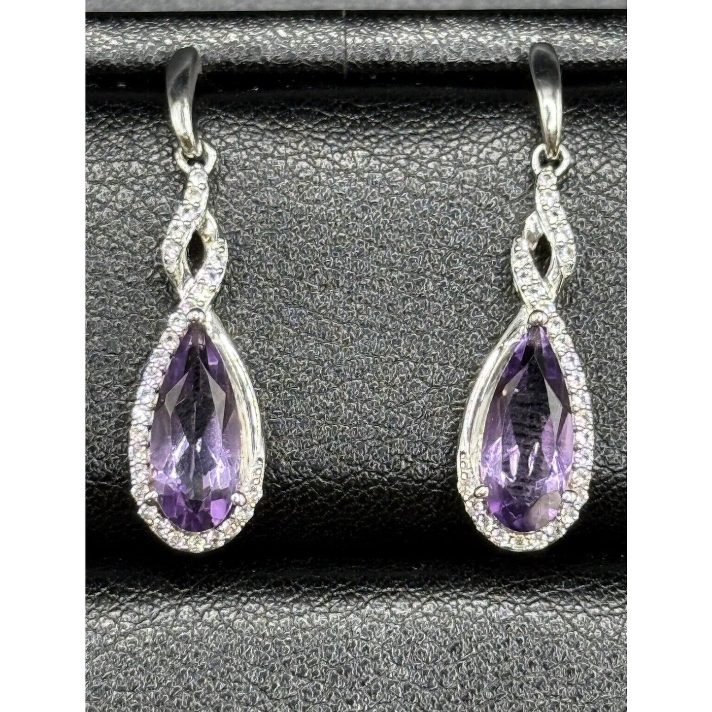 New Condition Sterling Silver Amethyst White Sapphire Dangle Earrings