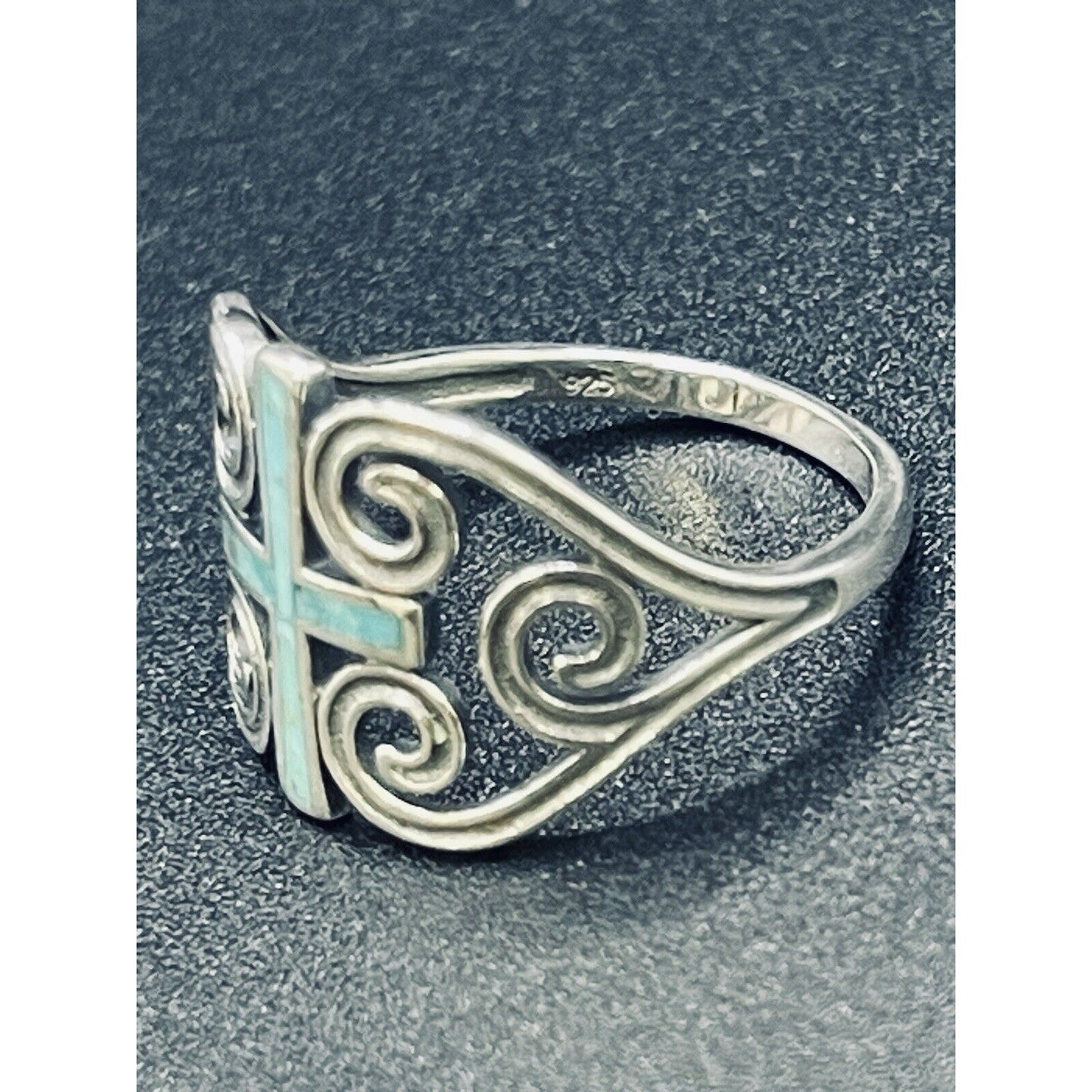 New Condition Sterling Silver Turquoise Cross 14MM Ring Size 6.75