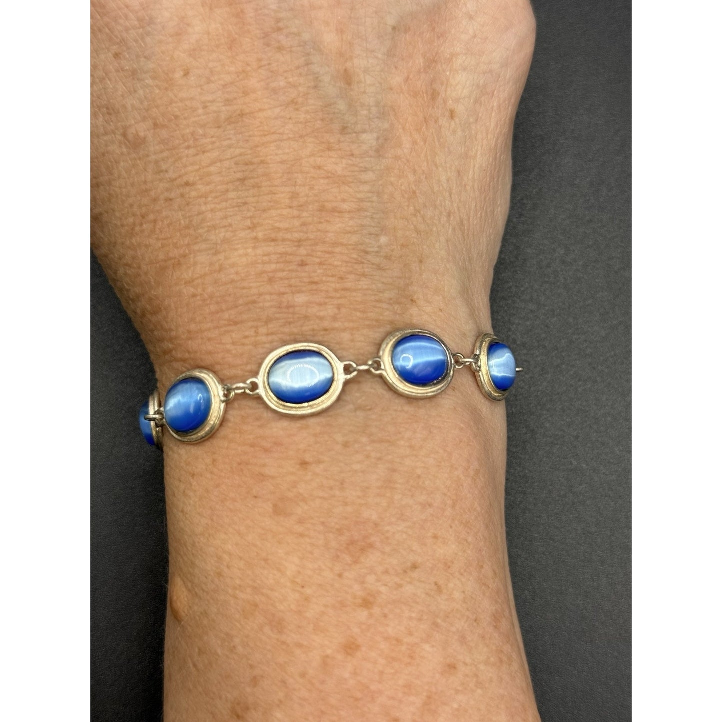 7.25” Sterling Silver Blue Catseye Glass Bracelet 19 Grams P3