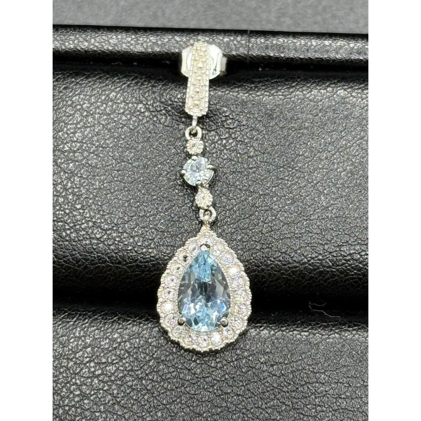 New Condition Sterling Silver Genuine Blue Topaz White Sapphire Dangle Earrings