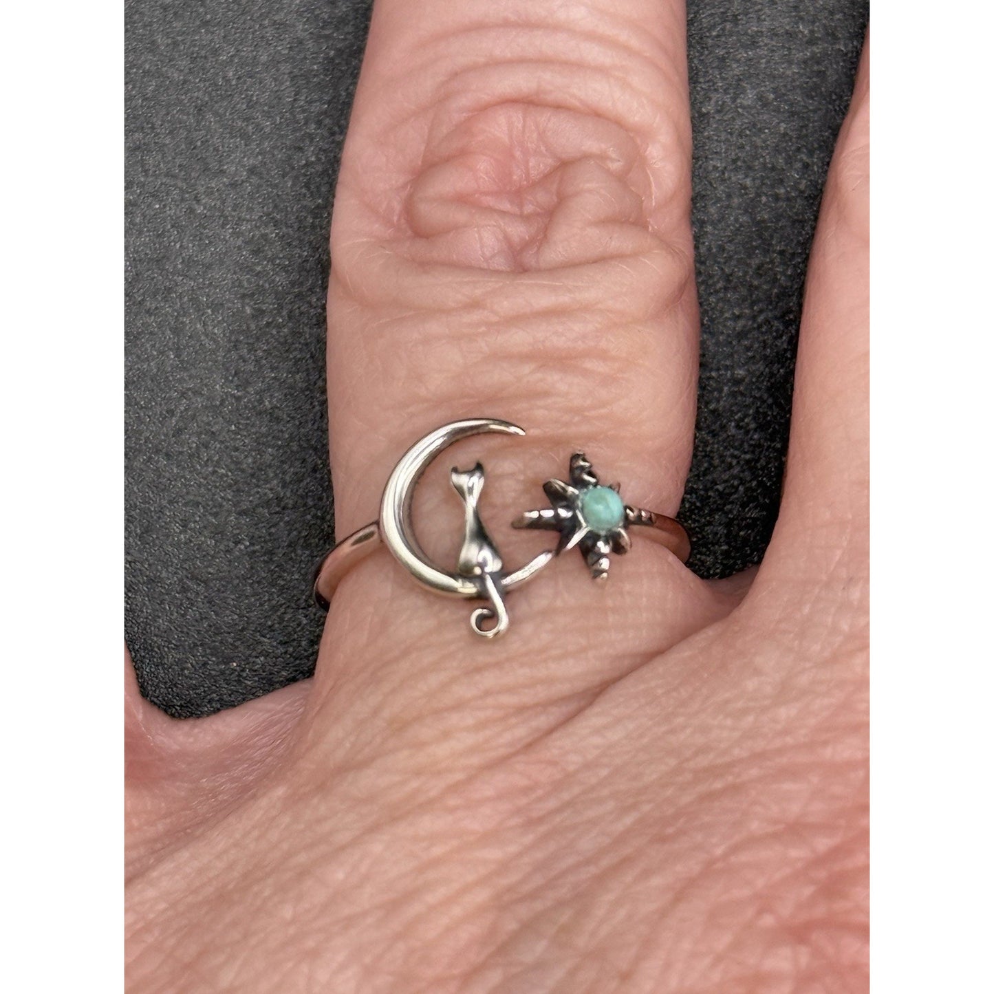 New Condition Sterling Silver Turquoise Moon Cat Star Ring Size 7.00 Adjustable