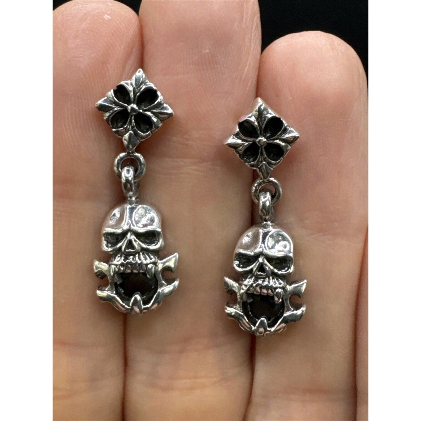 New Condition Sterling Silver Skull Earrings Black CZ Goth