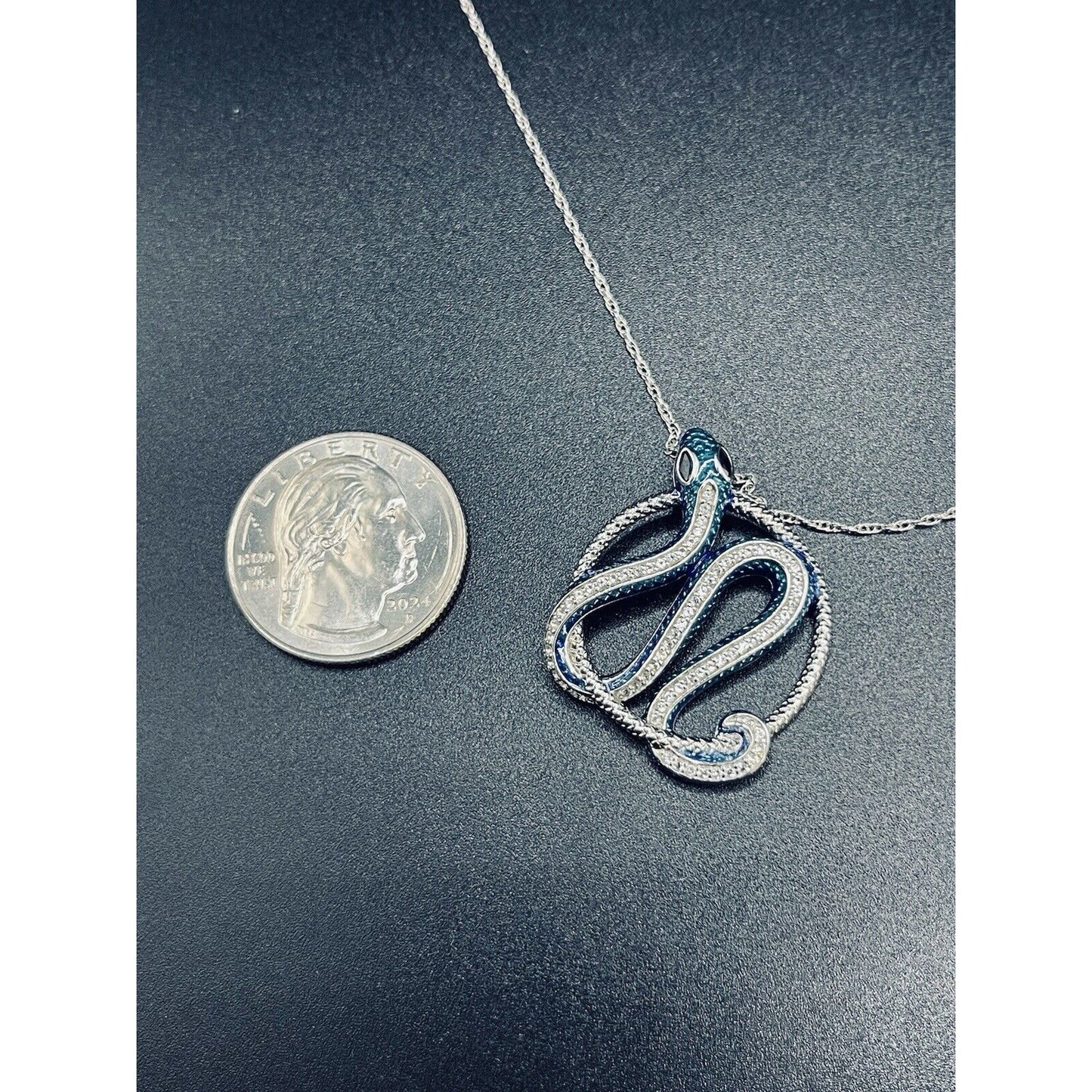 18” New Condition White Sapphire SS Enamel Snake Pendant Necklace L19