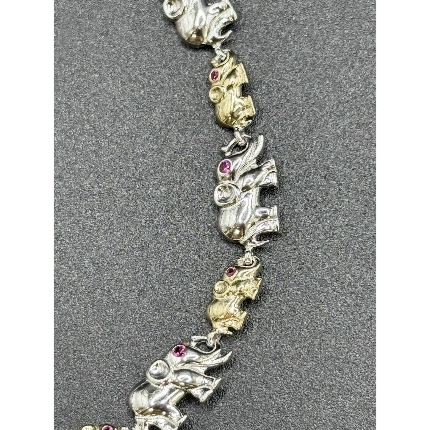7” New Condition Two Tone Sterling Silver Elephant Bracelet Lab Ruby