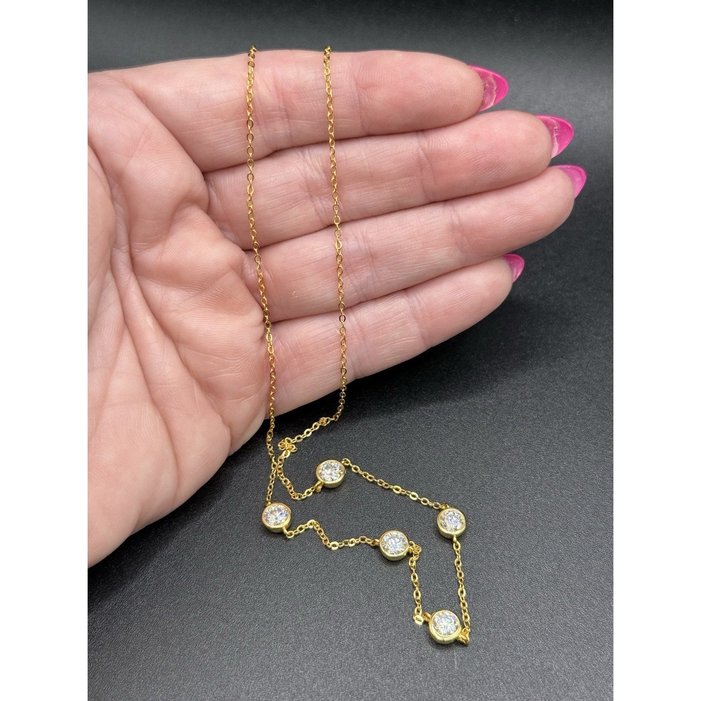 New Condition 18” Gold Sterling Silver Moissanite Station Necklace GRA