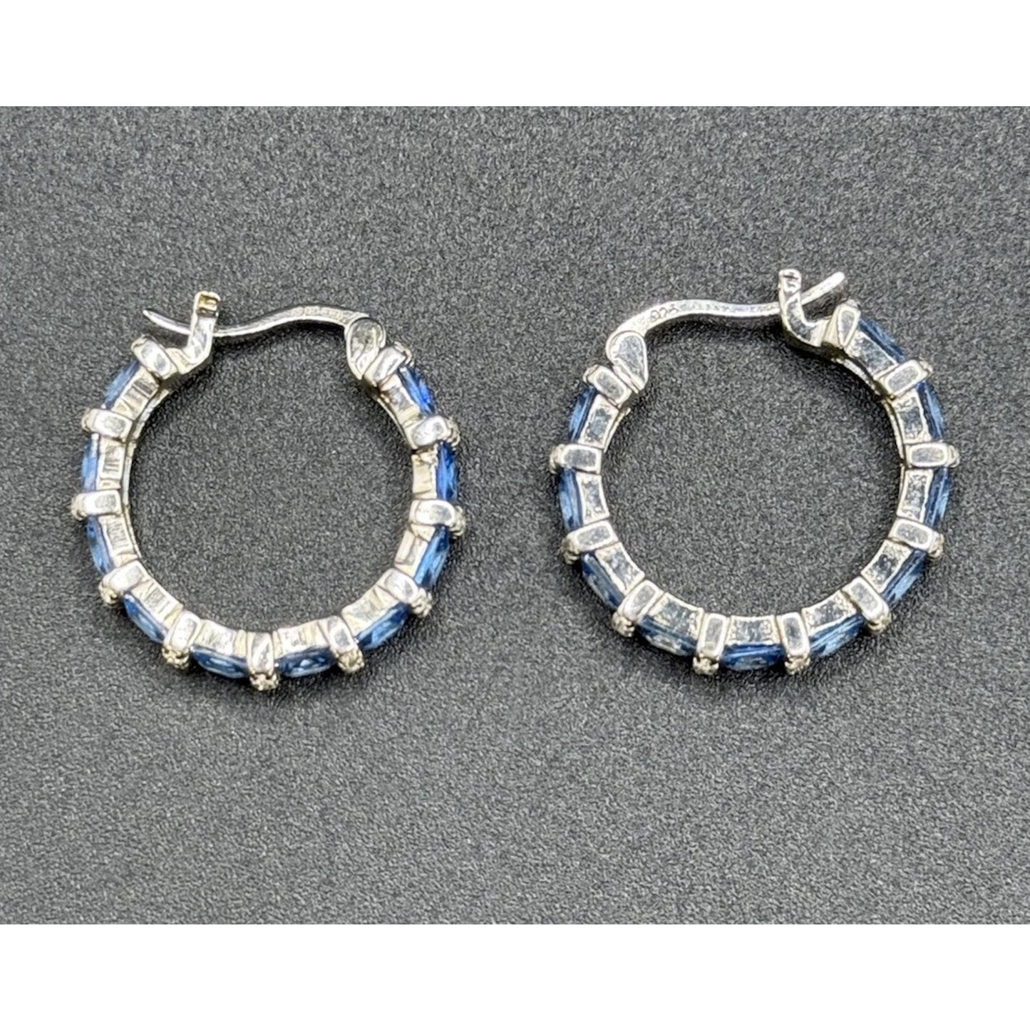 New Condition Sterling Silver Blue C.Z. Hoop Earrings 25MM 925 N17