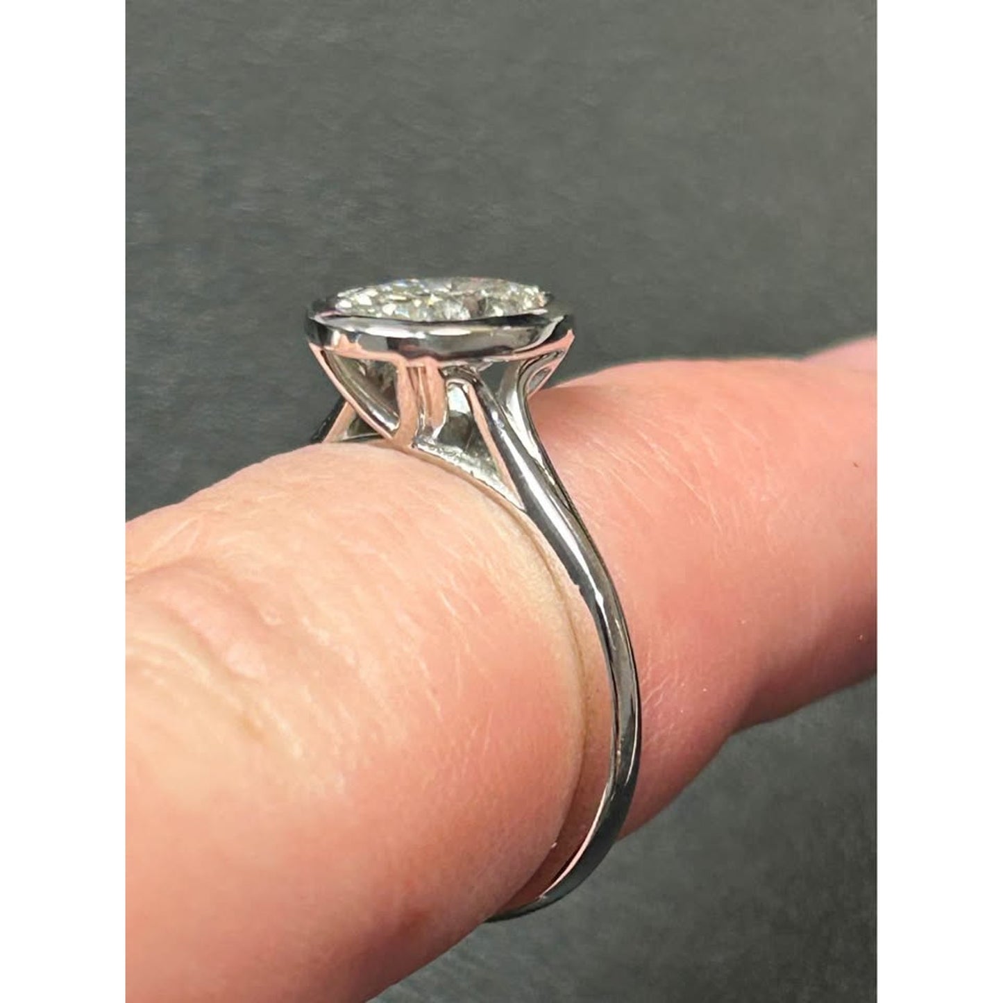 14k White Gold Lab Grown Oval 2.05 Carat Diamond E Color VS1 Bezel Ring