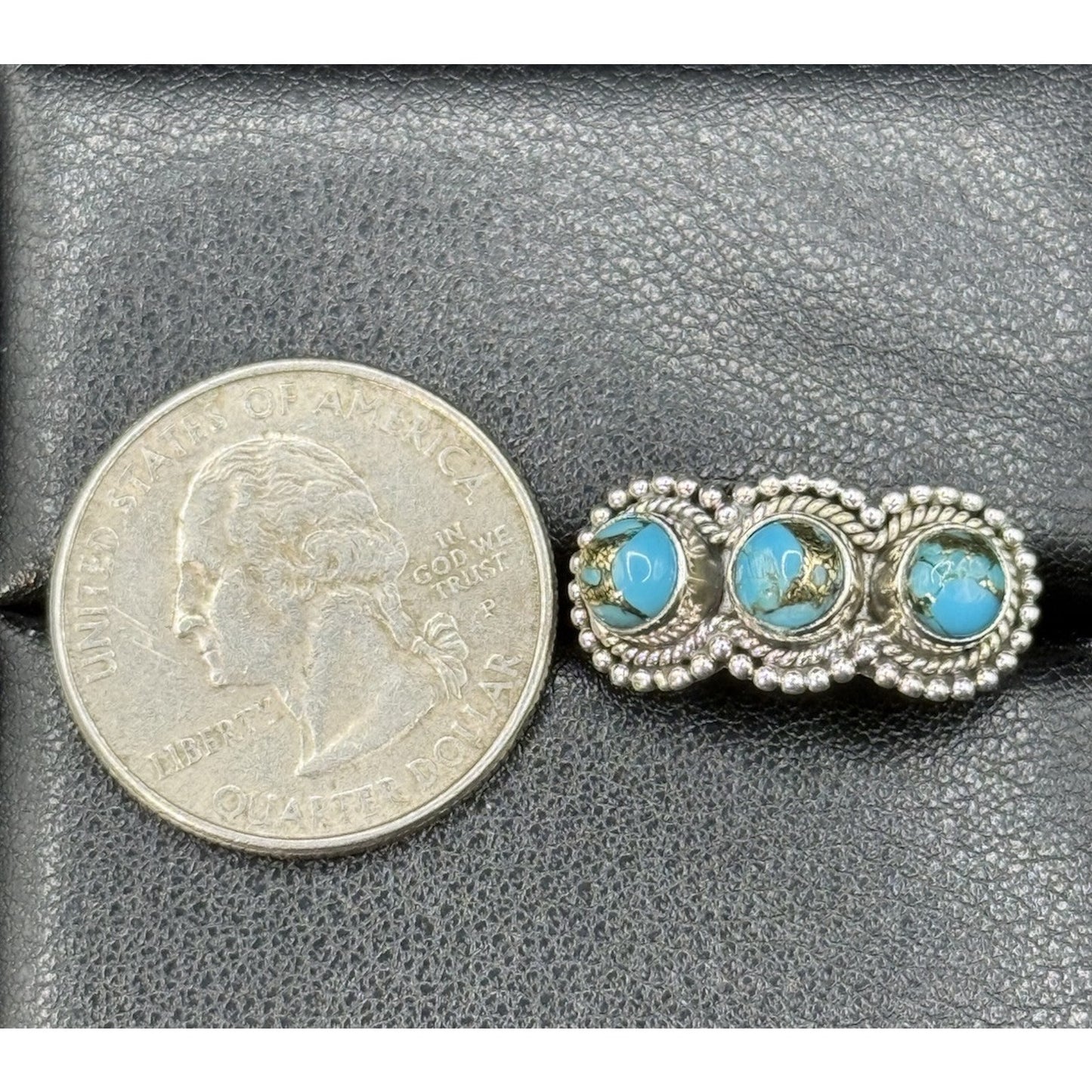 New Condition Sterling Silver Copper Turquoise 3 Stone Ring Size 7.00