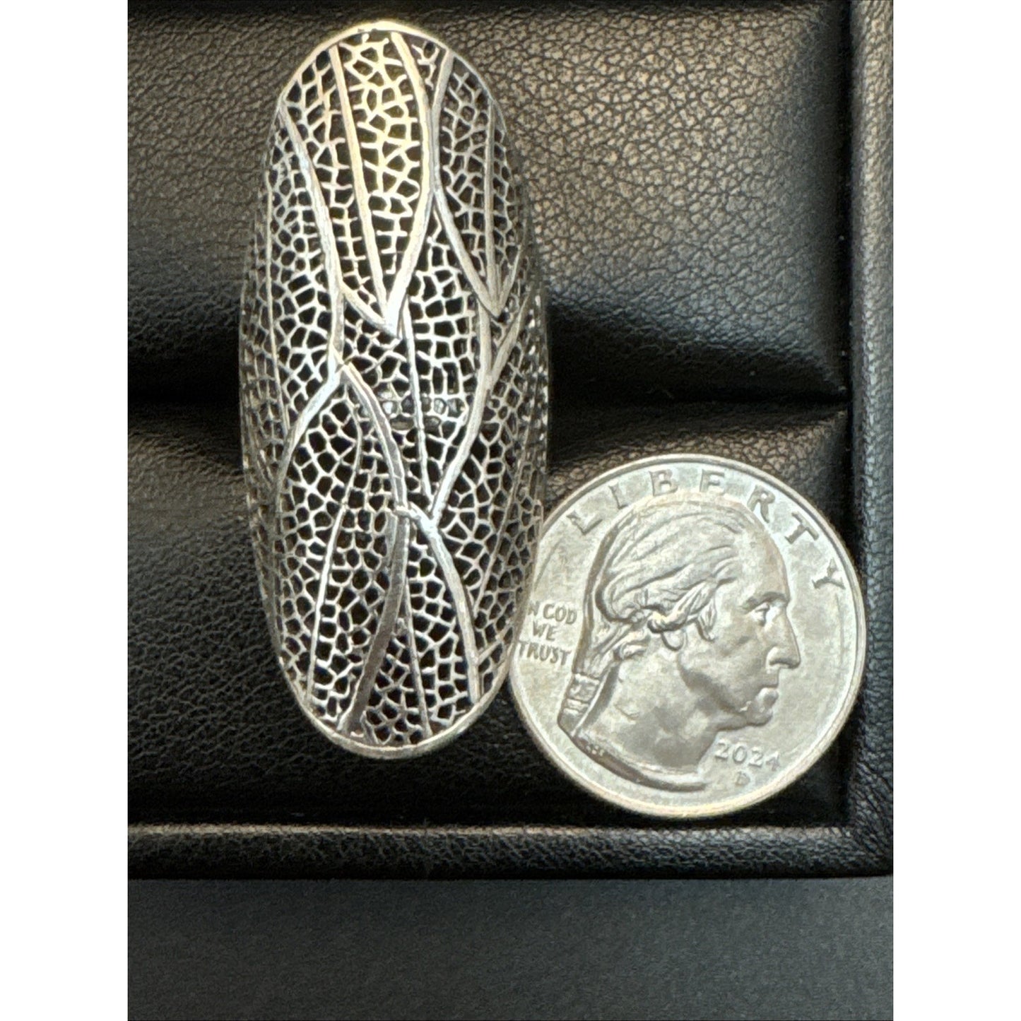 New Condition Sterling Silver 45mm Open Work Leaf Long 925 Size 7
