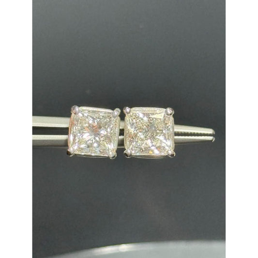 14k White Gold 4.02 CTW (2 carat each) Princess Cut Studs E Color VS1 Clarity Screw Backs