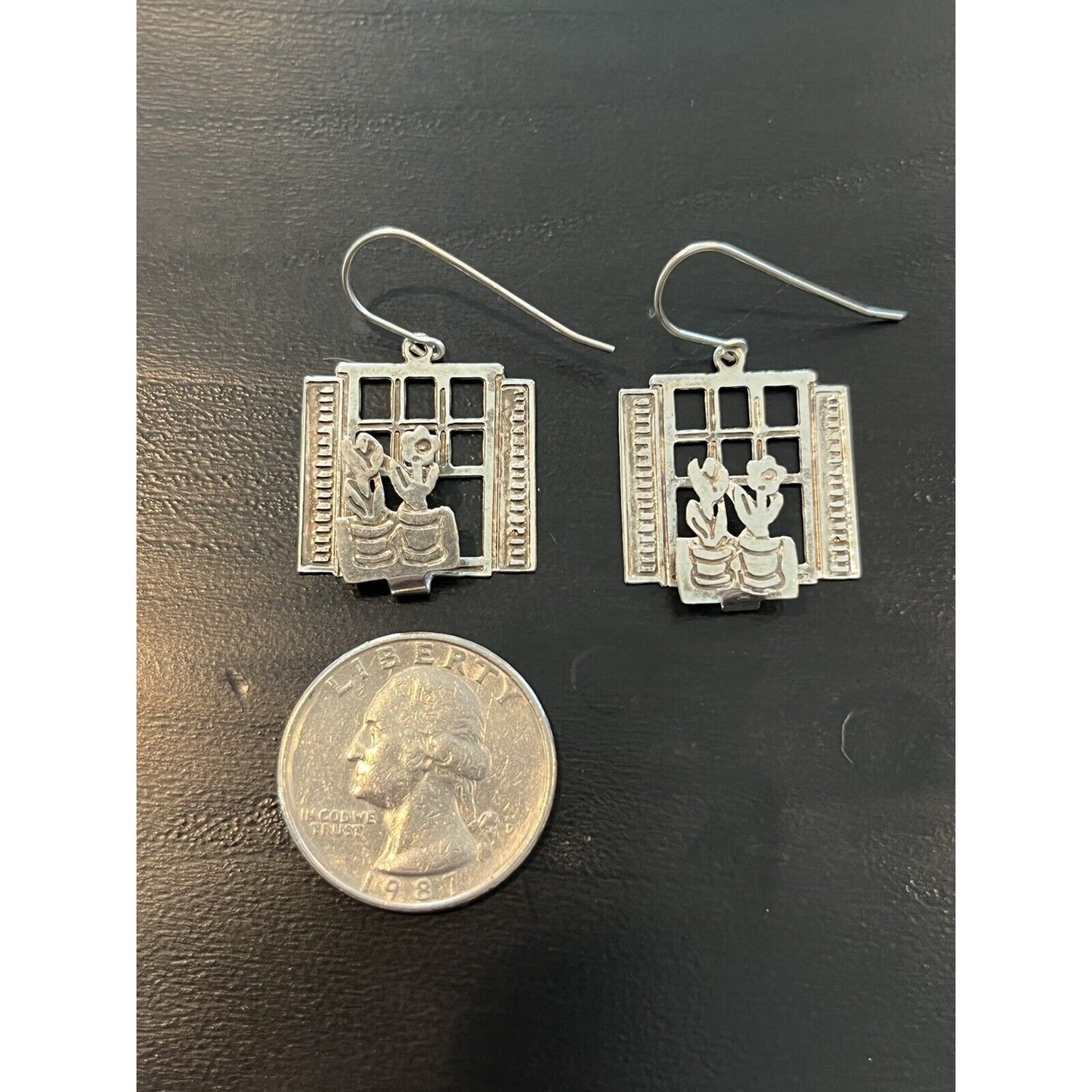 Sterling Silver Window Pane Flower Earrings 925 M2