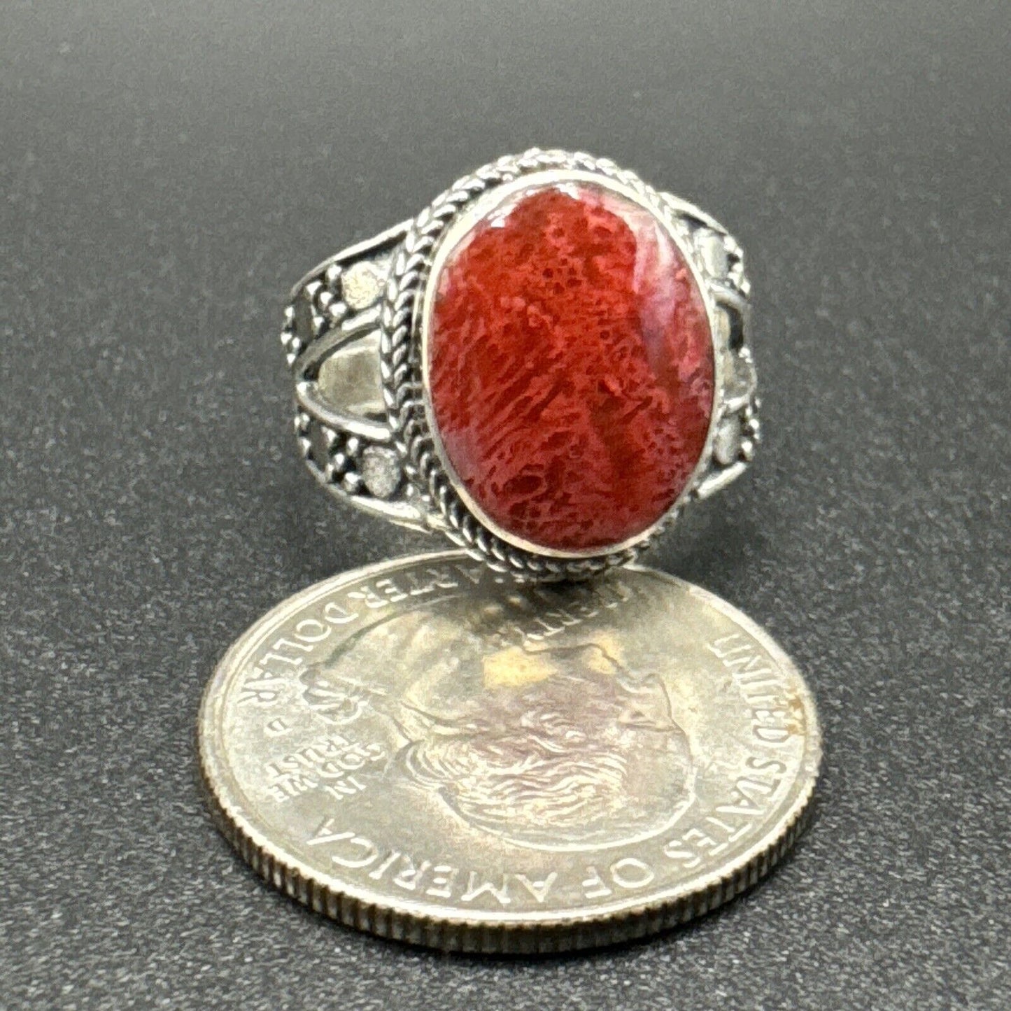 New Condition Sterling Silver Coral Bali Style Ring 925 Size 7