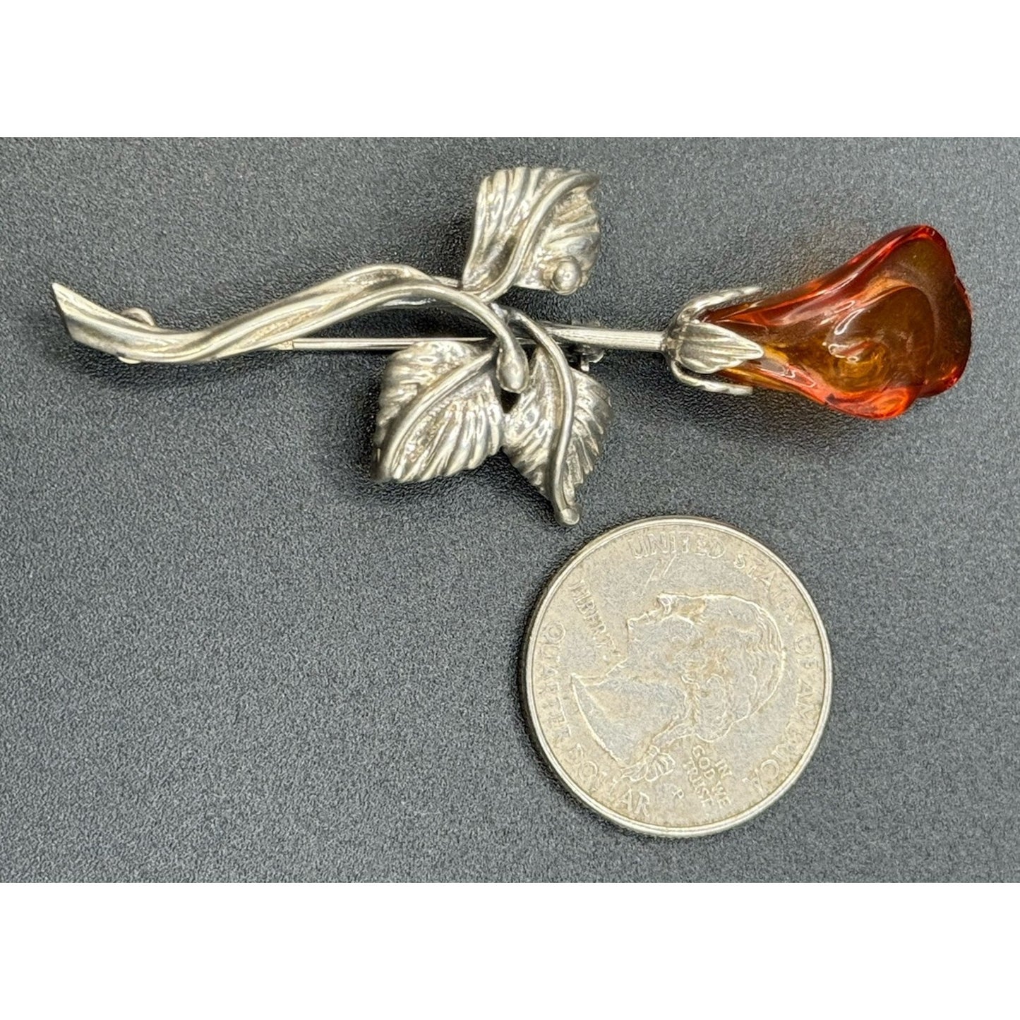 Vintage Sterling Silver Carved Amber Flower Brooch Pin 925 P5