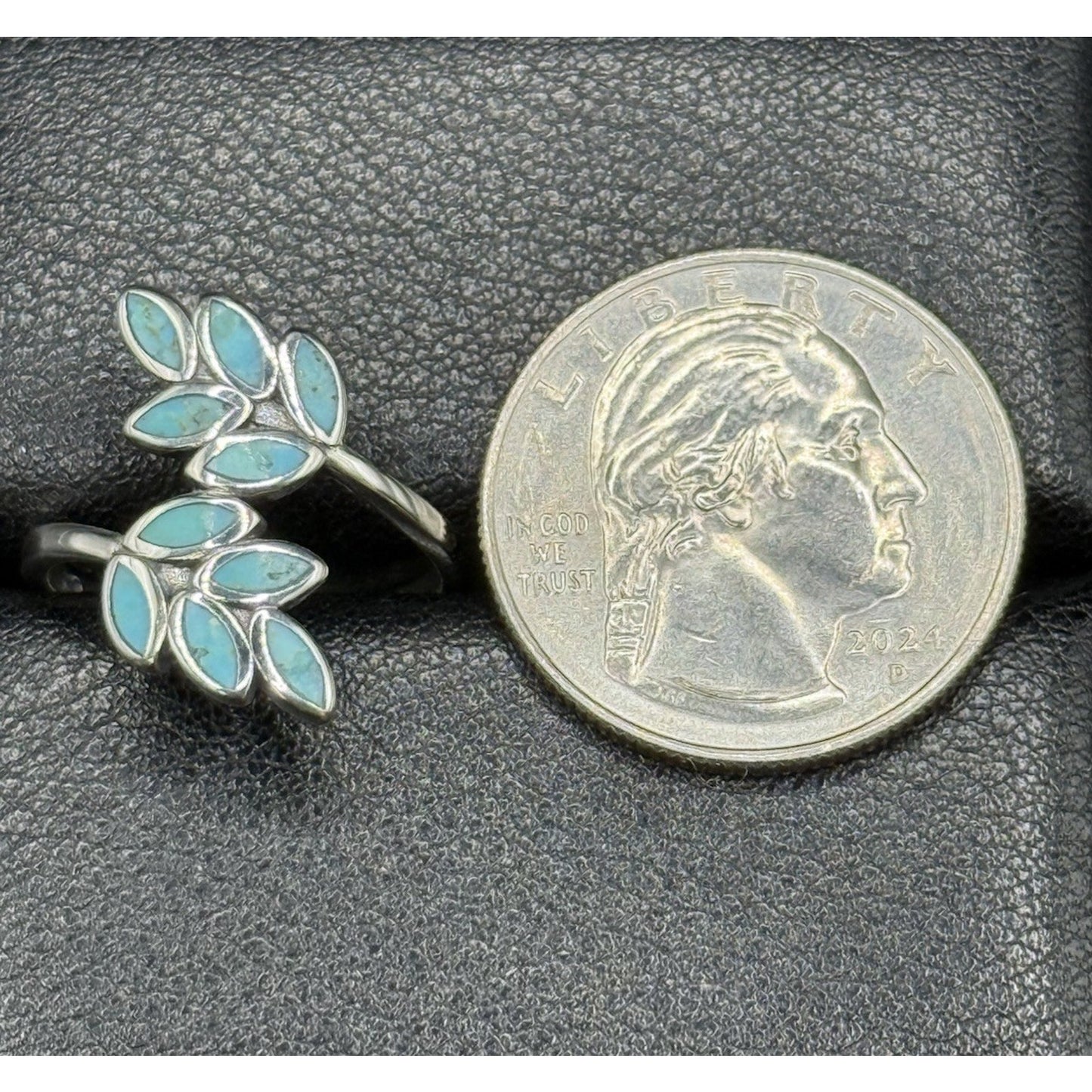New Condition Sterling Silver Inlay Turquoise Bypass Ring Size 7.00