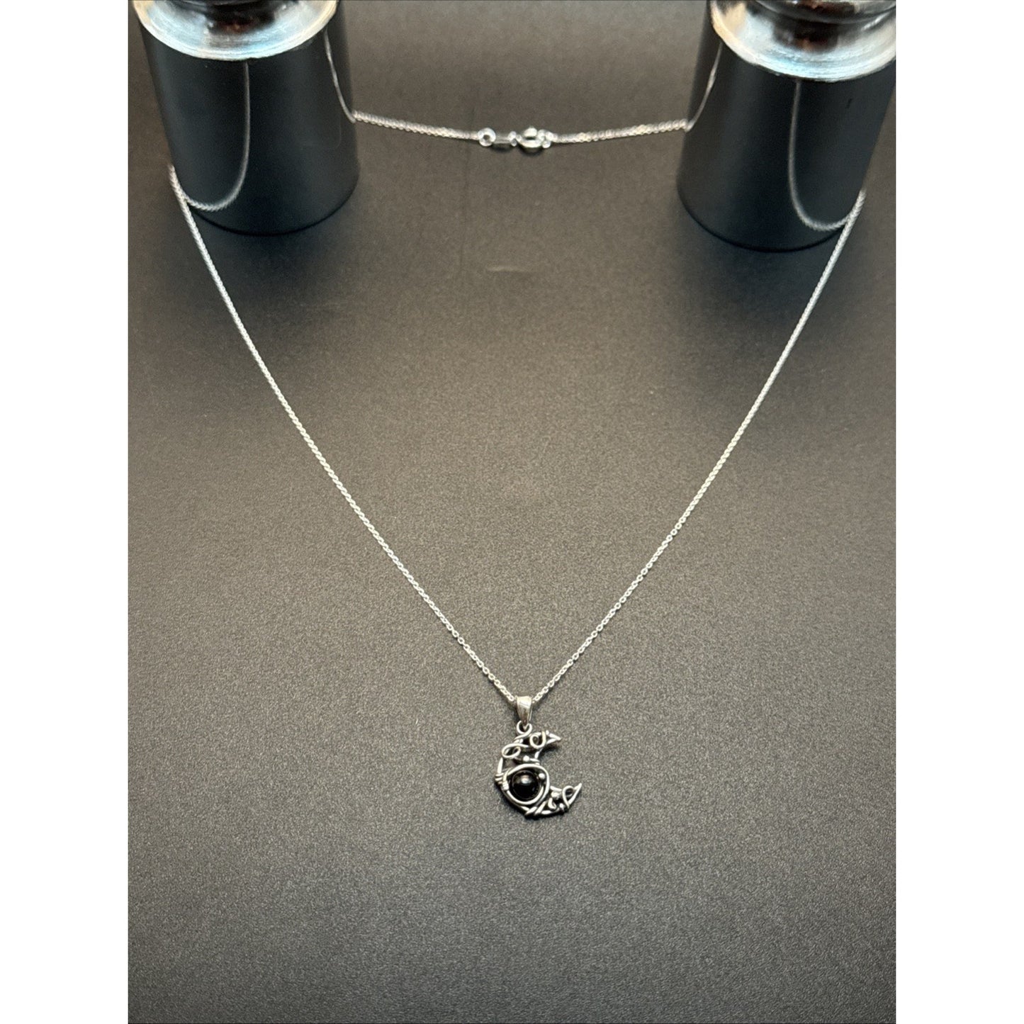 18” New Condition Sterling Silver Onyx Crescent Moon Pendant Necklace